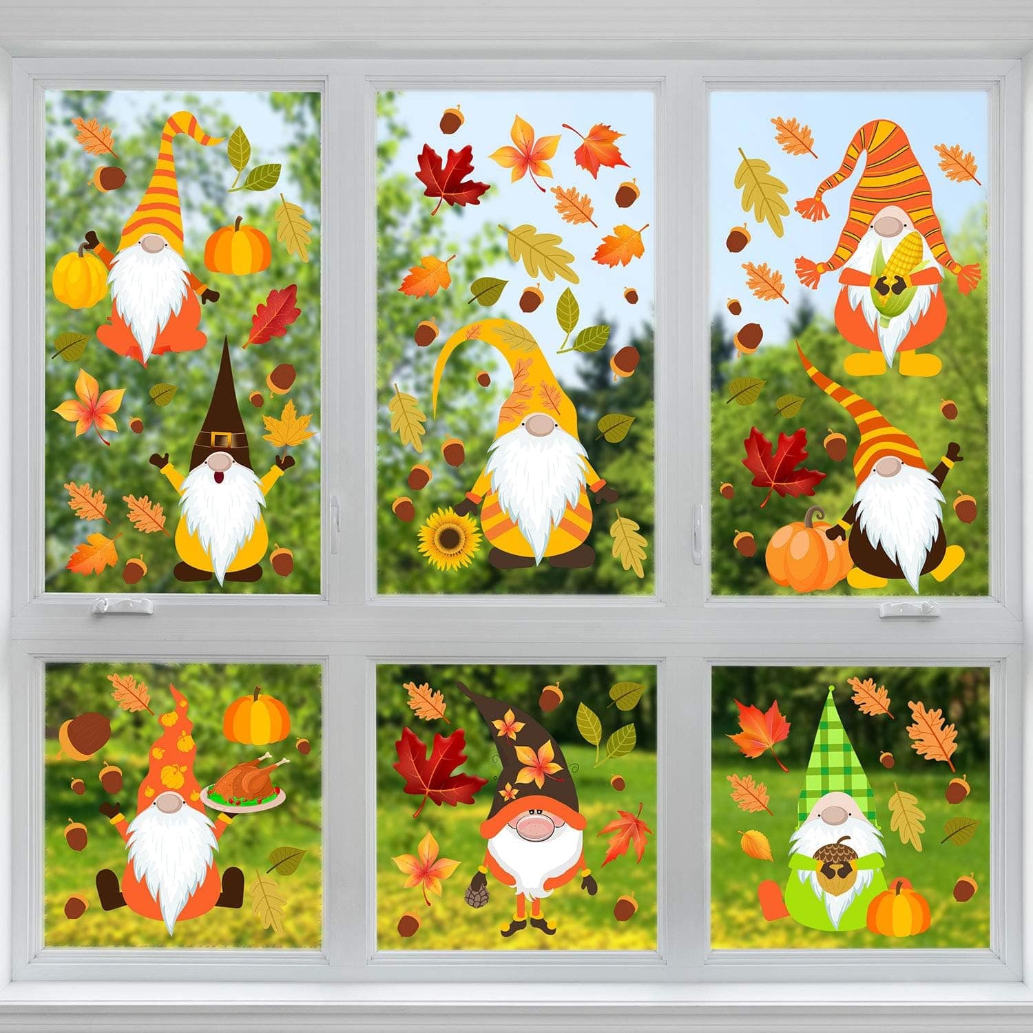 Outus 135 Pieces Thanksgiving Window Clings Decal Stickers Fall Thanksgiving Maple Window Decoration Gnome Thanksgiving Window Stickers for Home, Fall Decorations, 12 Sheets, 4 Styles