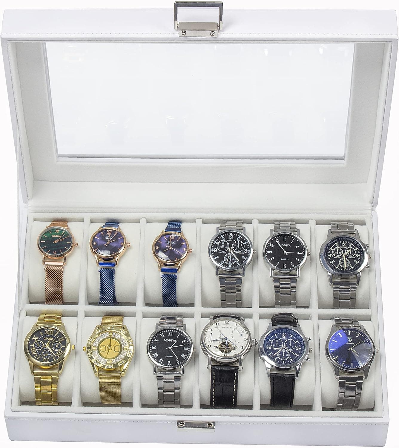 GUKA Watch Box 12 Slot Case Real Glass Organizer Watch Case with Removable Watch Pillow, White Synthetic Leather Watch Display