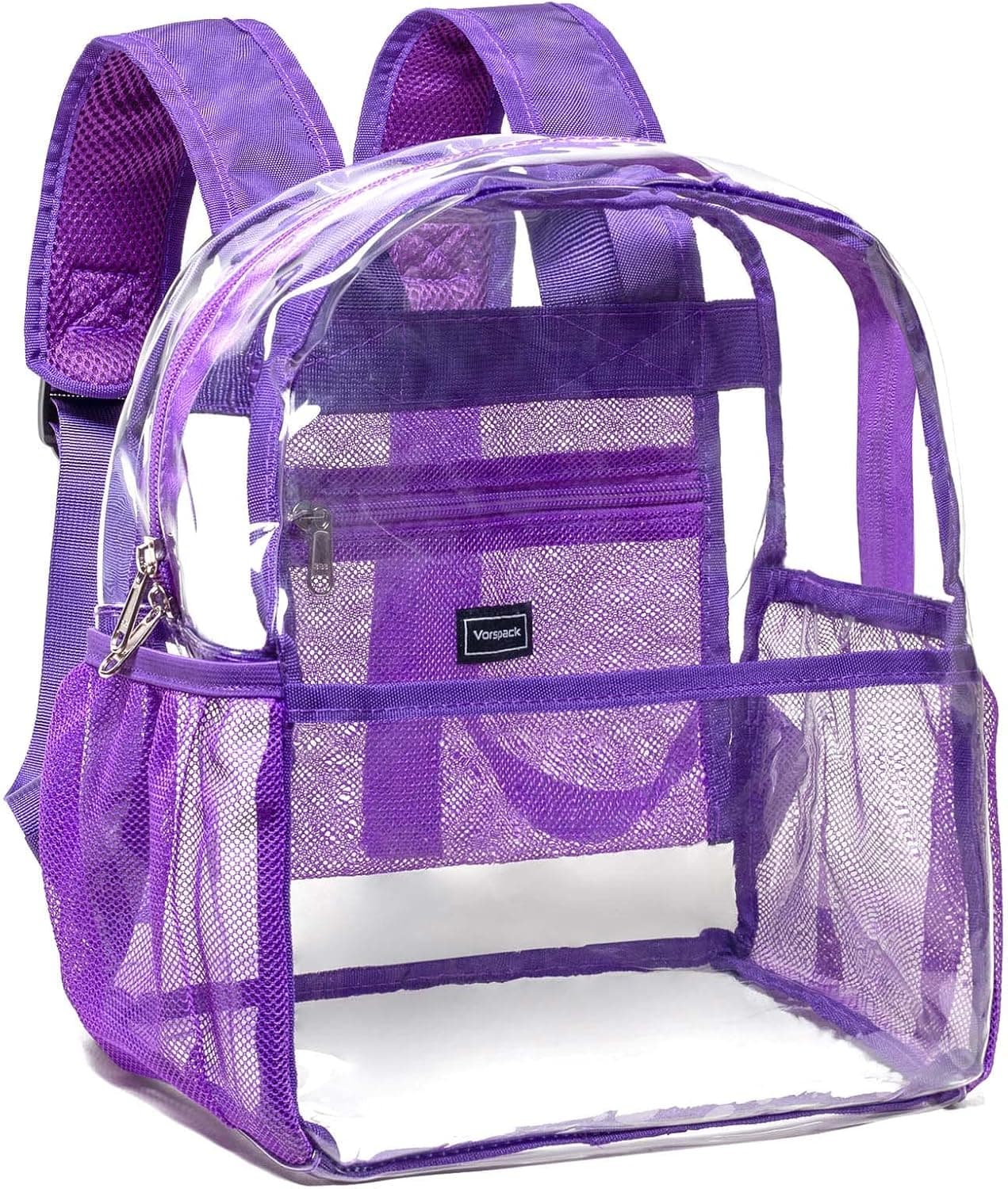 Vorspack Clear Backpack Stadium Approved - Clear Mini Backpack 12x12x6 for Women Stadium Backpack with 2 Water Holders Heavy Duty for Concert Work Sport Games Festival Venues - Purple