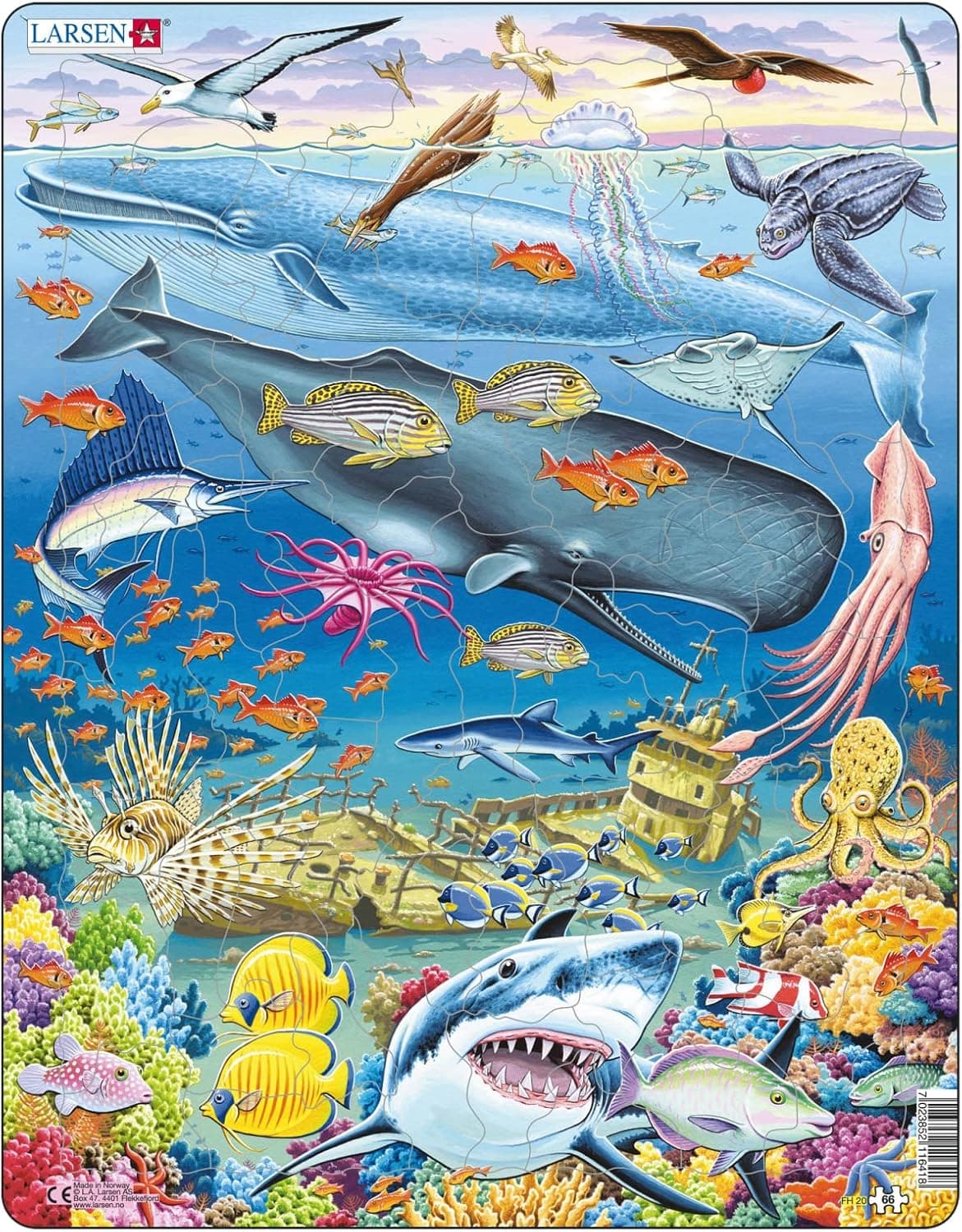 Larsen FH20 Marine Life in The Pacific Ocean, 66 Piece Boxless Tray & Frame Jigsaw Puzzle