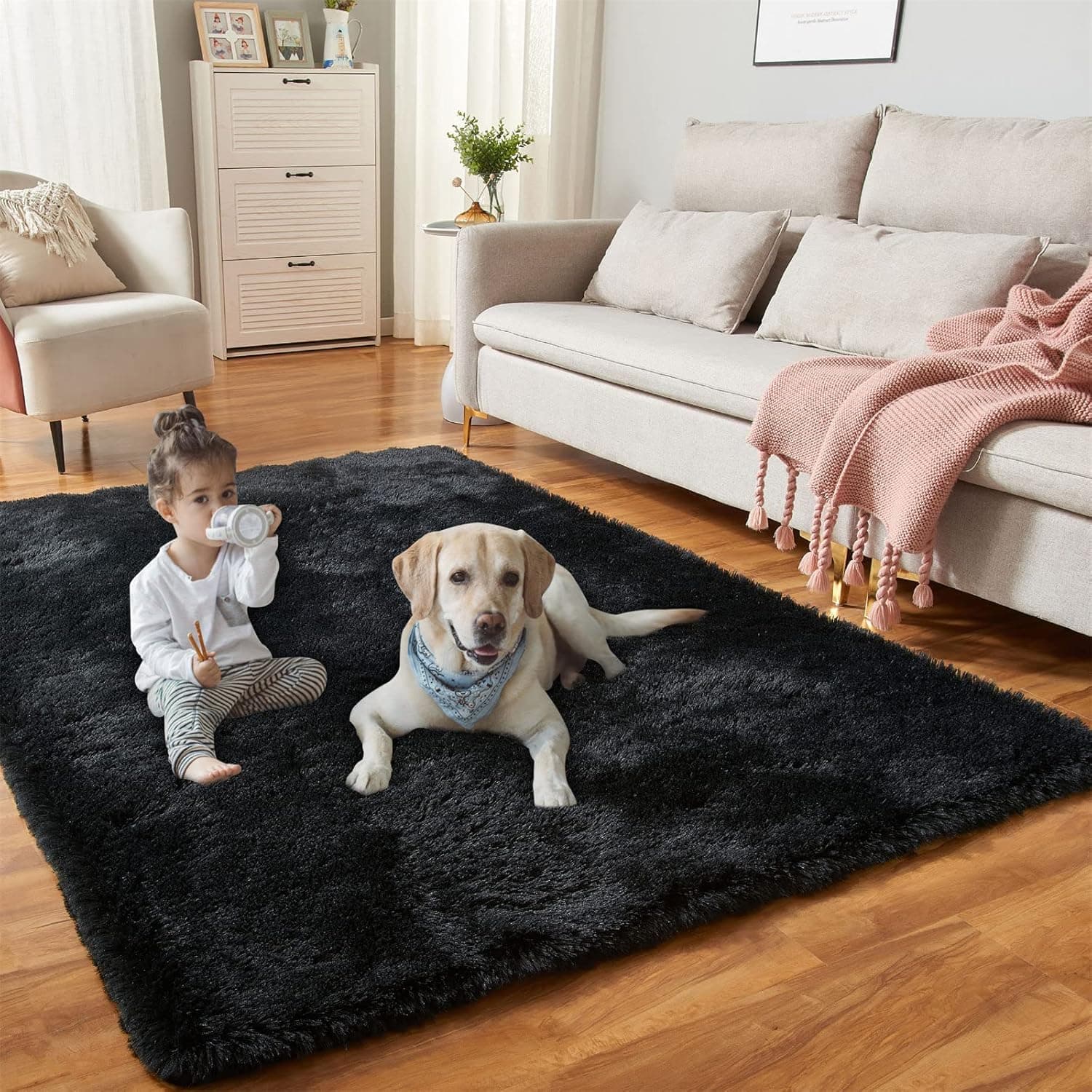 YQQRIGRO 8x10 Feet Rugs for Bedroom, Black Super Soft Shaggy Rugs Fluffy Carpets, Indoor Modern Plush Area Rugs for Living Room Dorm Kids Room, Fuzzy Non-Slip Rugs for Kids Boys Girls