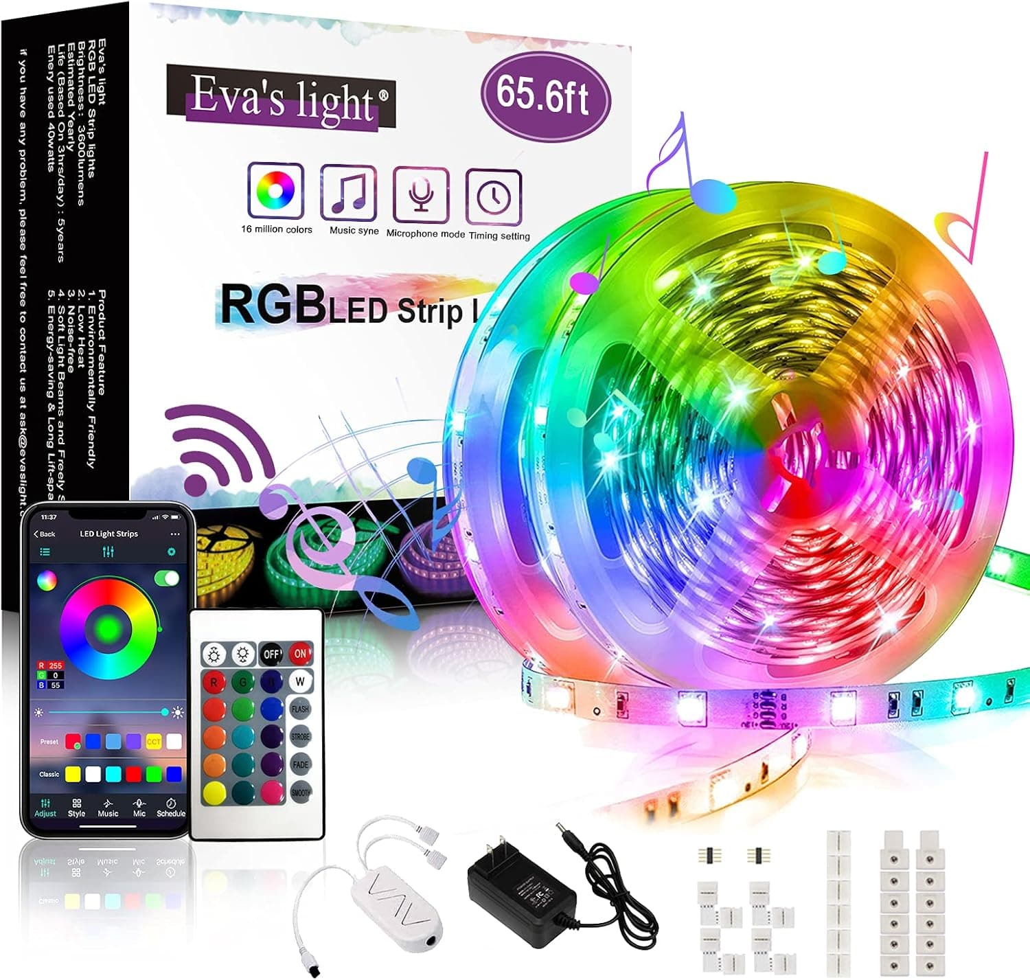 65.6FT Led Lights for Bedroom, LED Strip Lights Sync with Music, RGB LED Light Strip with Bluetooth APP & Remote Control, Neon Lights for Bedroom, Gaming Room, Patio Decor