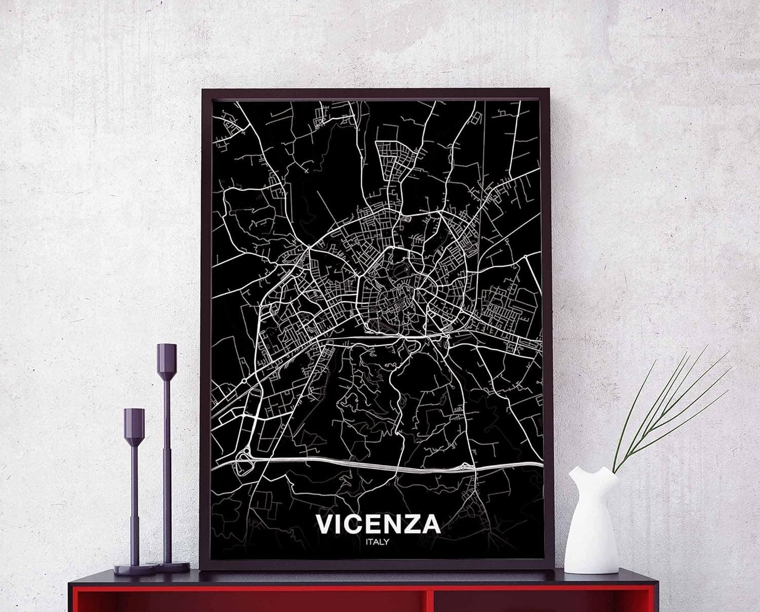 Vicenza Italy Map Poster Black White Hometown City Home Decor Office Decoration Wall Art Dorm Bedroom | 11×17, 16×24, 24×36 inch- Unframed Wall Art