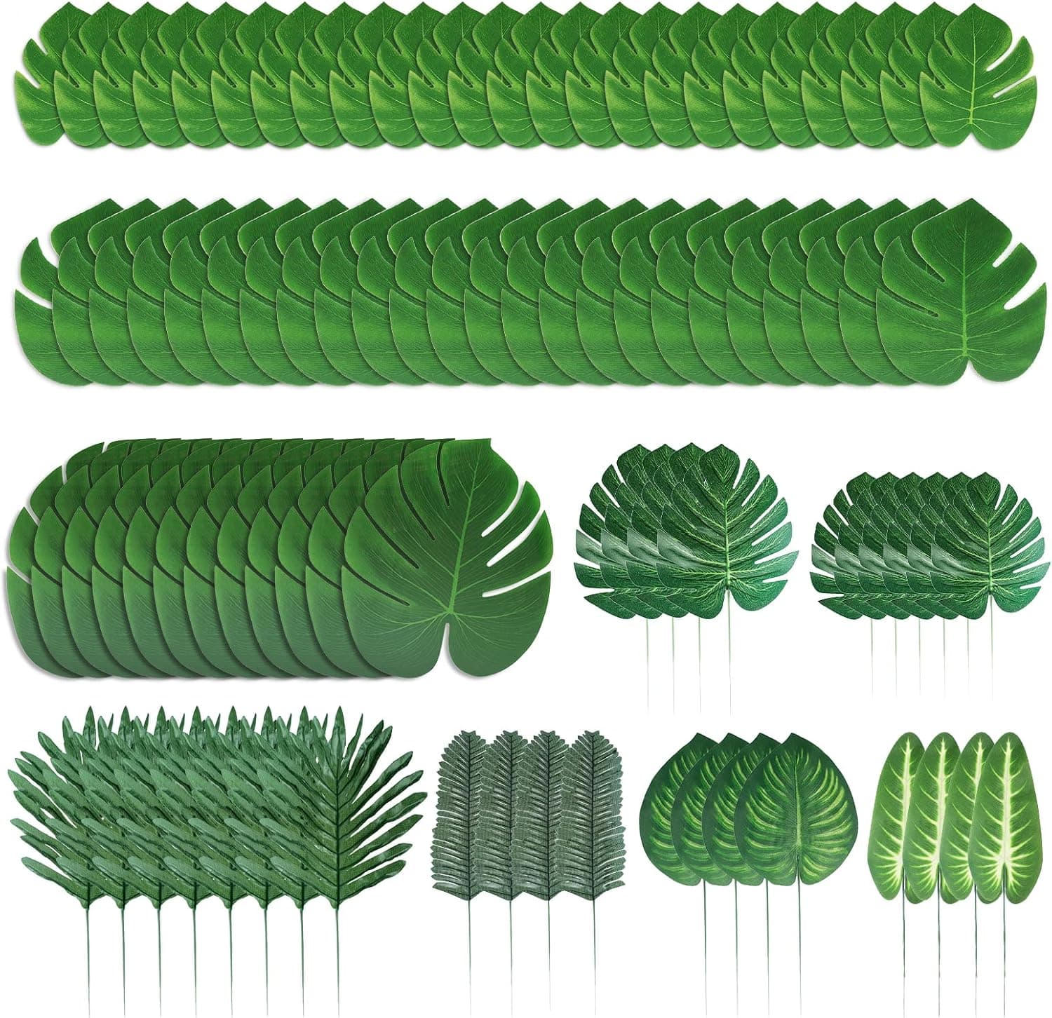 CEWOR 92 Pcs 9 Kinds Palm Leaves Artificial Tropical Leaves with Stems Monstera Leaf for Jungle Safari Decorations Hawaiian Luau Party Supplies Table Decoration Wedding Birthday Party