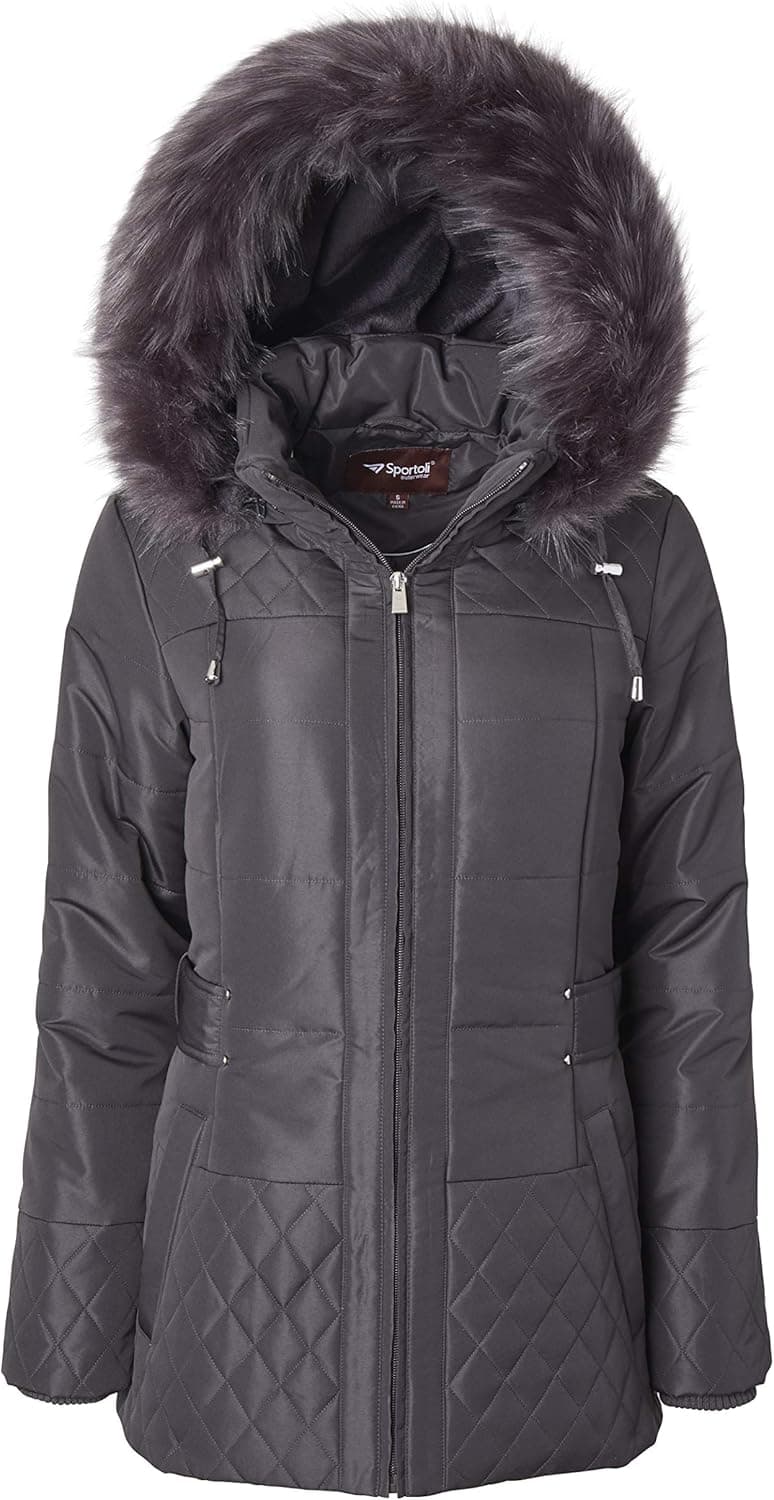 Women Midlength Down Alternative Quilt Winter Puffer Coat Zip Off Fur Trim Hood
