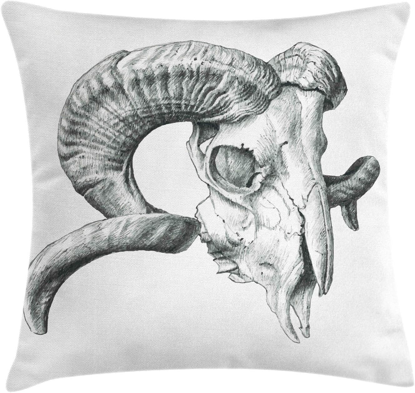Ambesonne Skull Throw Pillow Cushion Cover, Scary Mountain Goat Animal Skull Illustration in Dark Colors Dead Horns Wild Nature, Decorative Square Accent Pillow Case, 18" X 18", White Grey