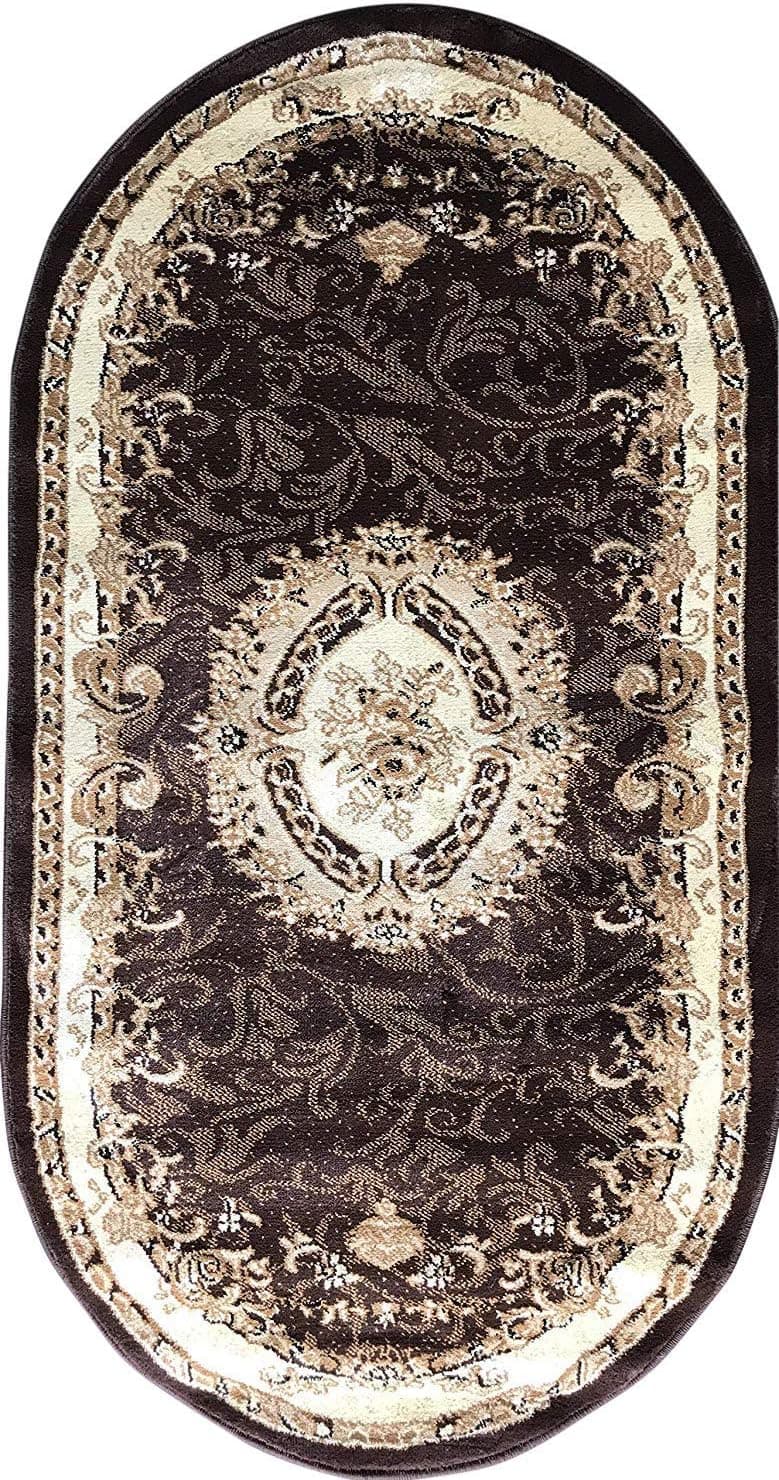 Traditional Oval Oriental Aubusson Floral Area Rug Persian Brown Beige Ivory Design 602 (31 Inch X 4 Feet 11 Inch)