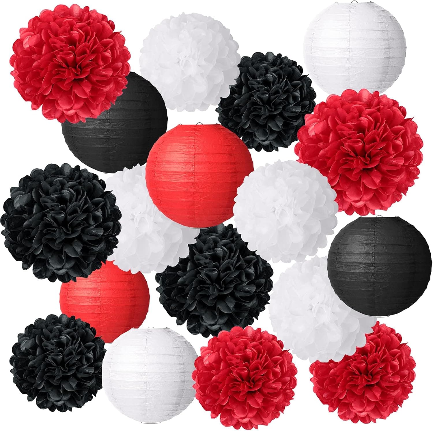 18 Pieces Round Paper Lanterns and Tissue Paper Flowers Assorted Decorative Round Chinese Paper Lanterns Decorative Pom Poms Flowers for Wedding Birthday Party Decoration, Black, White and Red