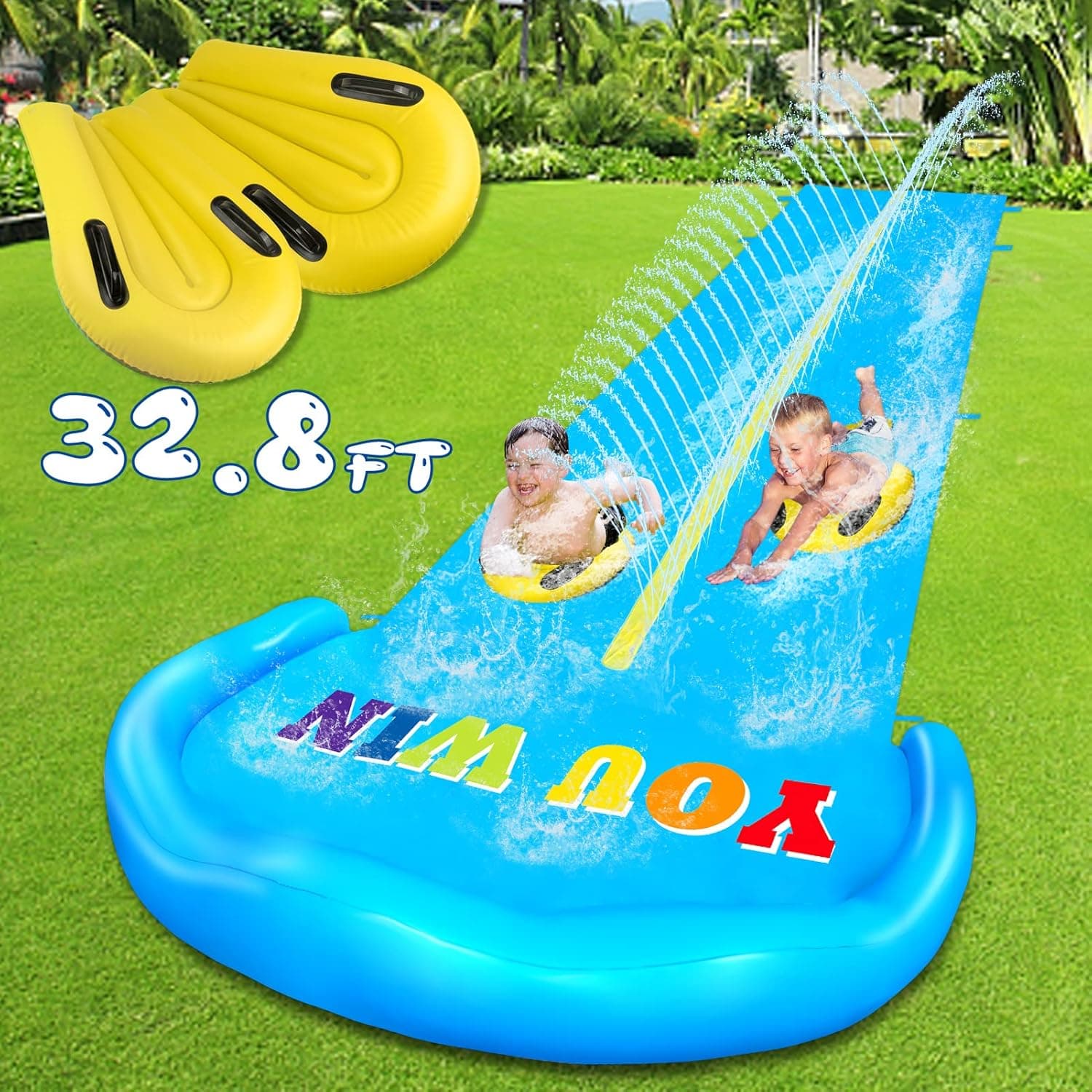 Evoio Lawn Water Slide, 32.8FT Water Slide for Kids and Adults with 2 Racing Lanes and 2 BodyBoards, Inflatable Splash Water Slip for Kids Backyard, Outdoor Summer Water Toys for Backyard Garden