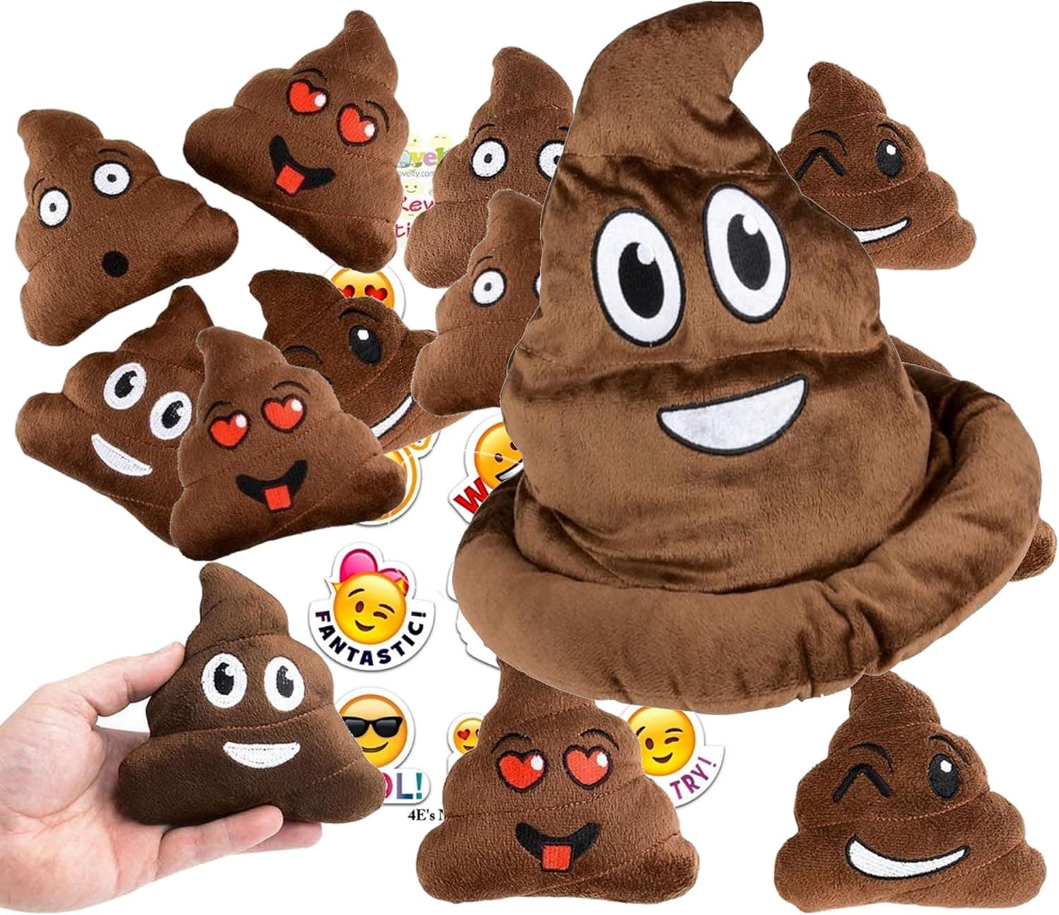 4E's Novelty Emoji Poop Pillow Party Favors for 12 - 12 Small Emoji Pillows (5 inch) and 1 Emoji Poop Plush hat and 1 Pack of 12 Emoji Stickers