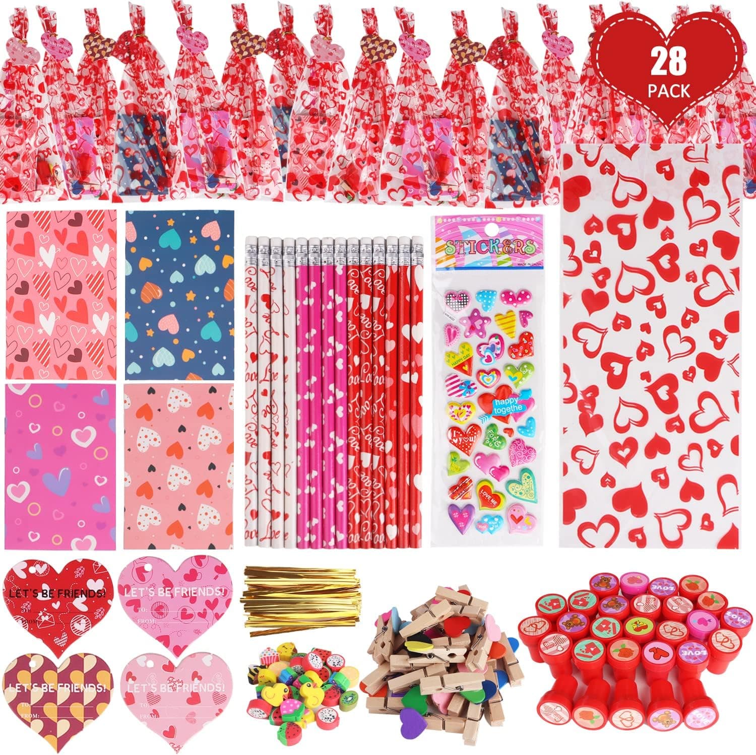 CAKKA Valentines Day Gifts for Kids, 28Pack 252PCS Classroom Exchange Stationery Gift Set with Cards Pencils Erasers Notebooks Stamps Clips Stickers Goodie Bags, Class School Gifts for Valentine’s Day