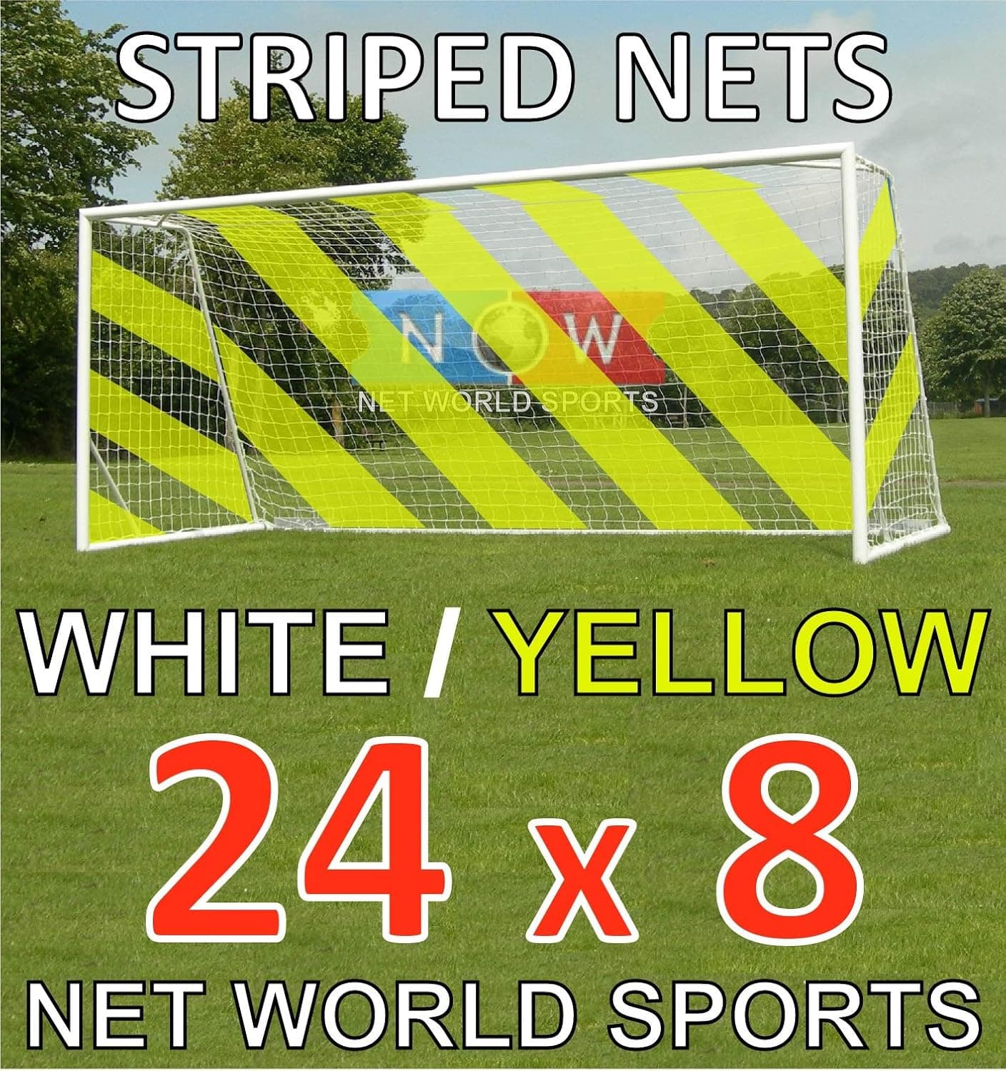 Striped Soccer Goal NET - White/Yellow- Official Full Size FIFA Spec - 24x8 / 24' x 8'