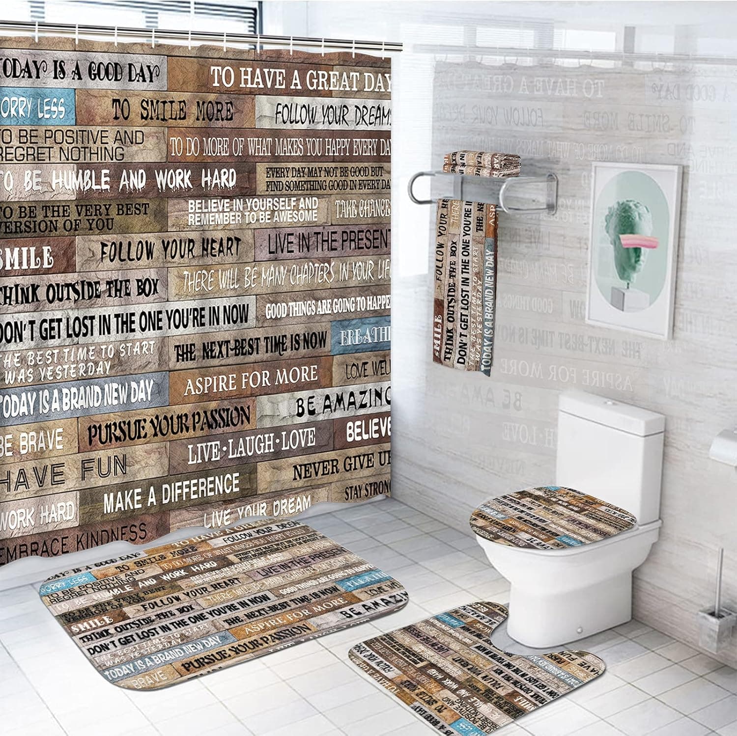 TAMOC 7 Pcs Inspirational Quotes Shower Curtain Sets with Rugs and Towels, Include Non-Slip Rug, Toilet Lid Cover, Bath Mat and Towels, Vintage Rustic Shower Curtain with 12 Hooks, Brown Fabric