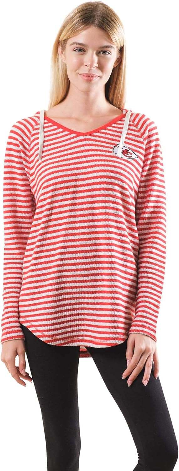 Ultra Game NFL Womens Scoop V-Neck Lightweight Striped Hoodie Sweatshirt