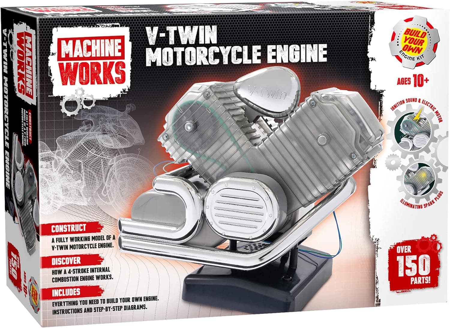 Machine Works MWHV2 Bulld Your Own V-Twin Motorcycle Engine Toy-Replica Model Building Kit-Features Sounds and Illumination, 150+ Pieces, 10+ Years, Multi