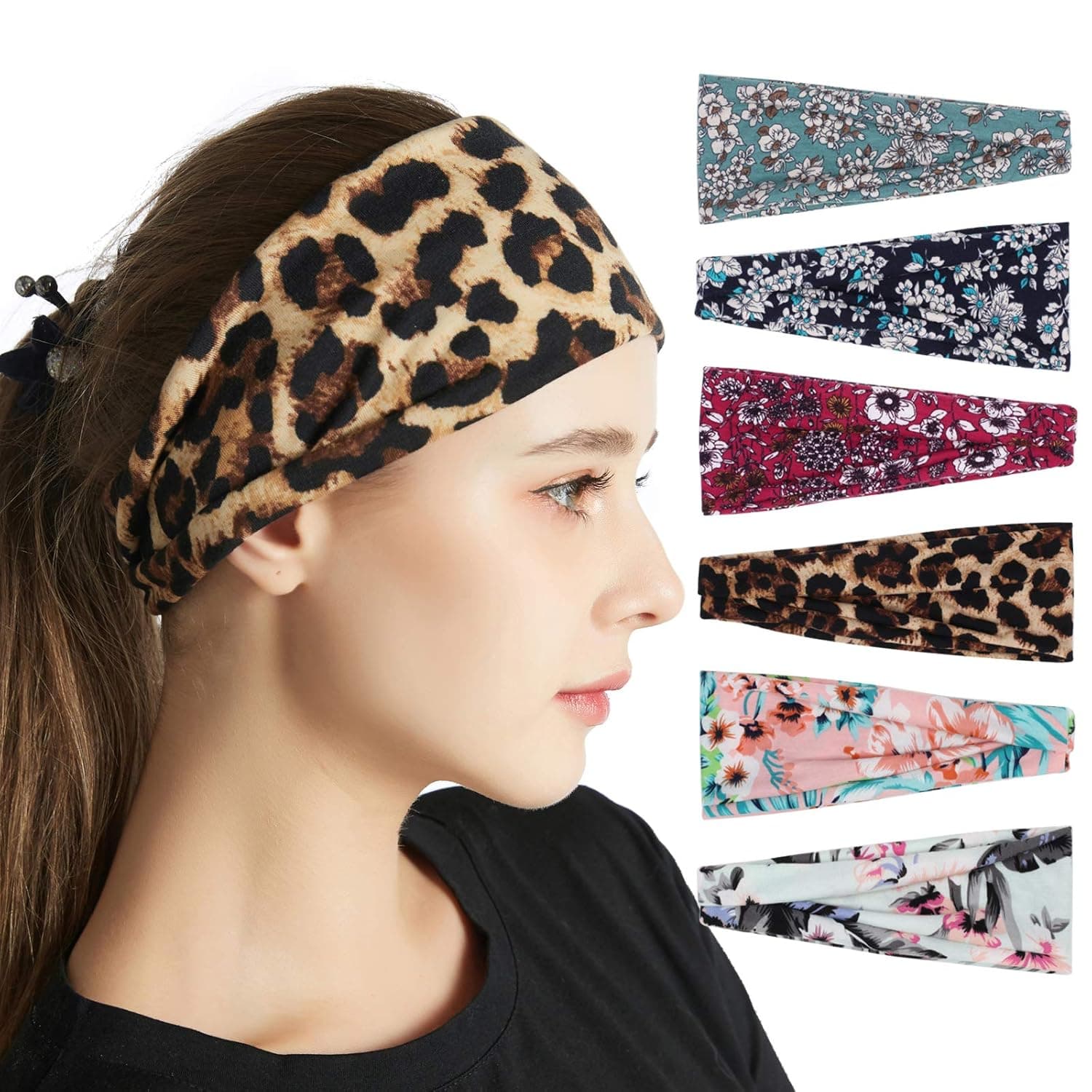 Leopard Stretch Headbands Set for Women, Bohemian Boho Elastic Cheetah Yoga Hair Bands Headwraps Workout Non Slip Wide Thick Cloth Head Bands Wrap, Girls Outdoor Sports Turban Hairbands Accessories Twinfree - 6 Pack