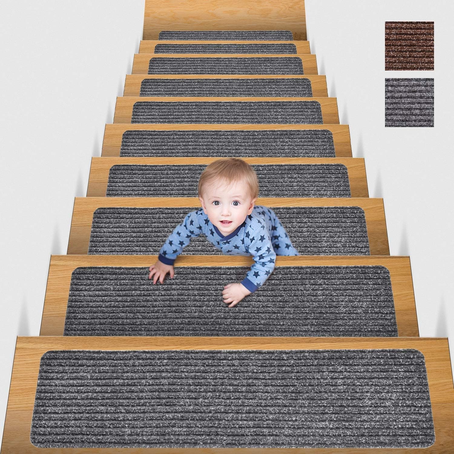 MBIGM 8" X 30" (2-Pack) Non-Slip Carpet Stair Treads Non-Skid Safety Rug Slip Resistant Indoor Runner for Kids Elders and Pets with Reusable Adhesive, Grey