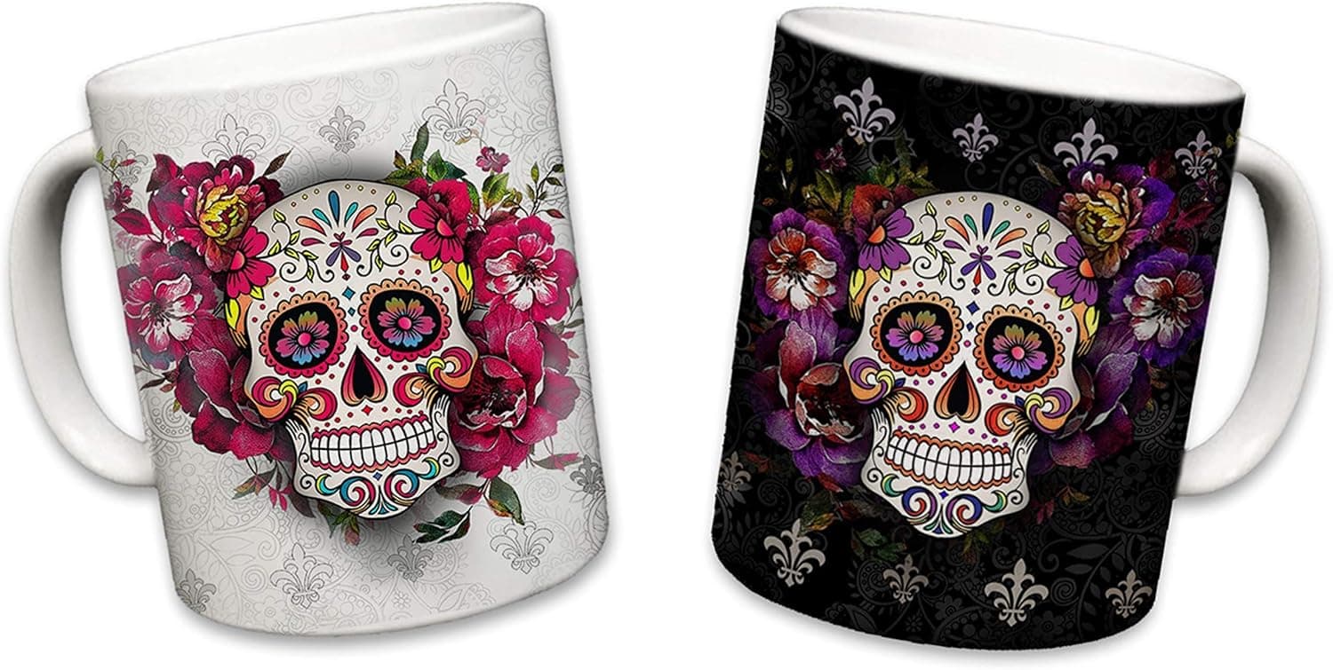 Sweet Gisele 2 Mug Set, Sugar Skull Ceramic Mugs, Floral Print Coffee Cups, Day of the Dead Design, Beautiful Vivid Colors, Great Novelty Gifts 11 Fl Oz Black and White