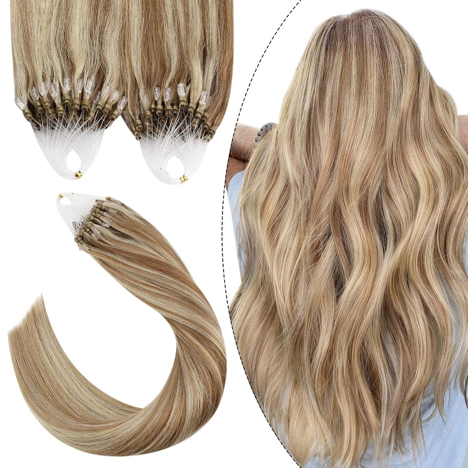 Ugeat Micro Loop Extensions Human Hair 24inch Micro Link Extensions Remy Hair Tip Extensions 50G Micro Beads Hair Extensions Light Brown Highlight Bleach Blonde Real Human Hair Micro Loop Extensions