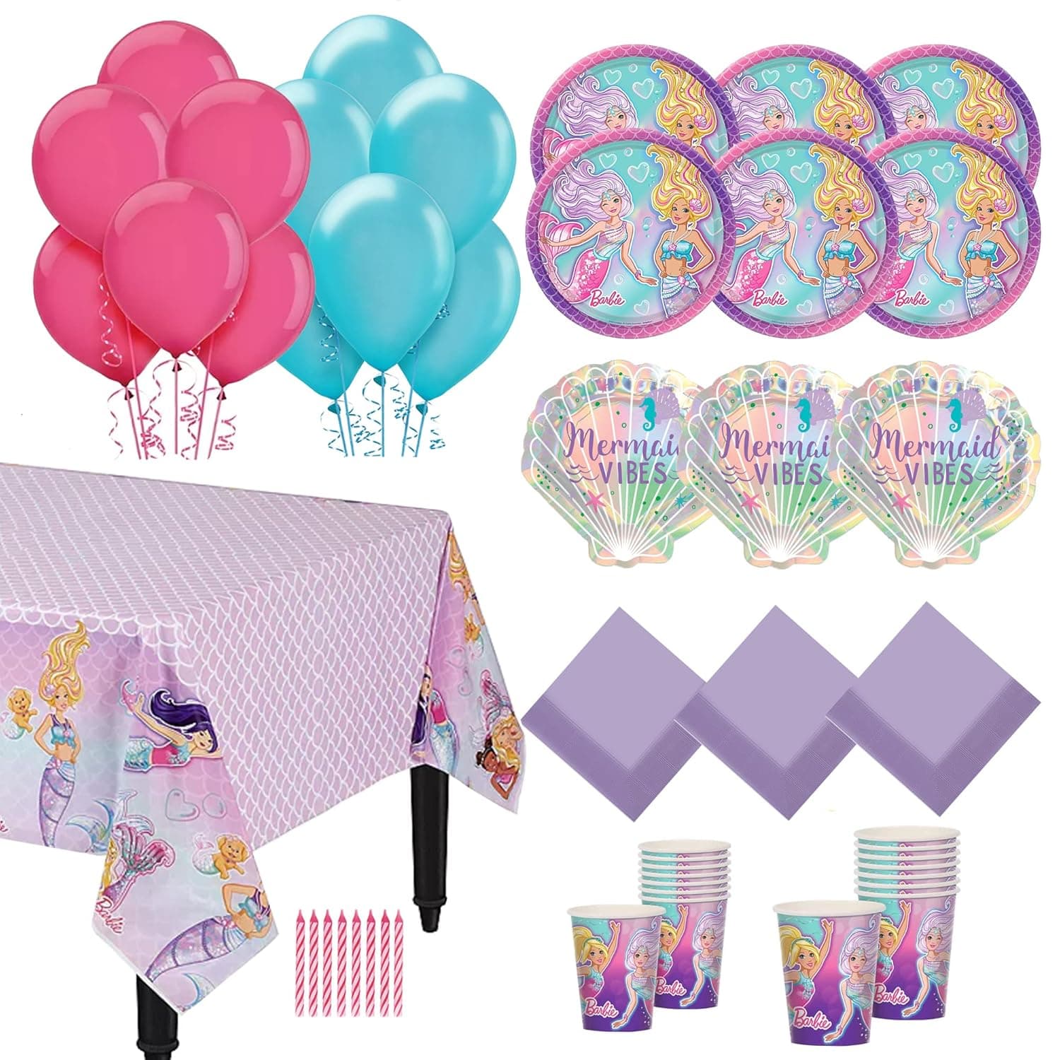 "Barbie Mermaid" Birthday Party Supplies and decorations Pack For 16: Plates, Cups, Tablecover, Decorating table kit, Candle, Banner and Balloons