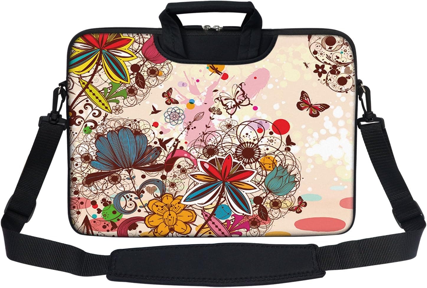 Meffort Inc Neoprene Laptop Shoulder Briefcase Bag Carry Case Handbag for 15 15.6 inch Notebook Computer - Colorful Flower Butterfly