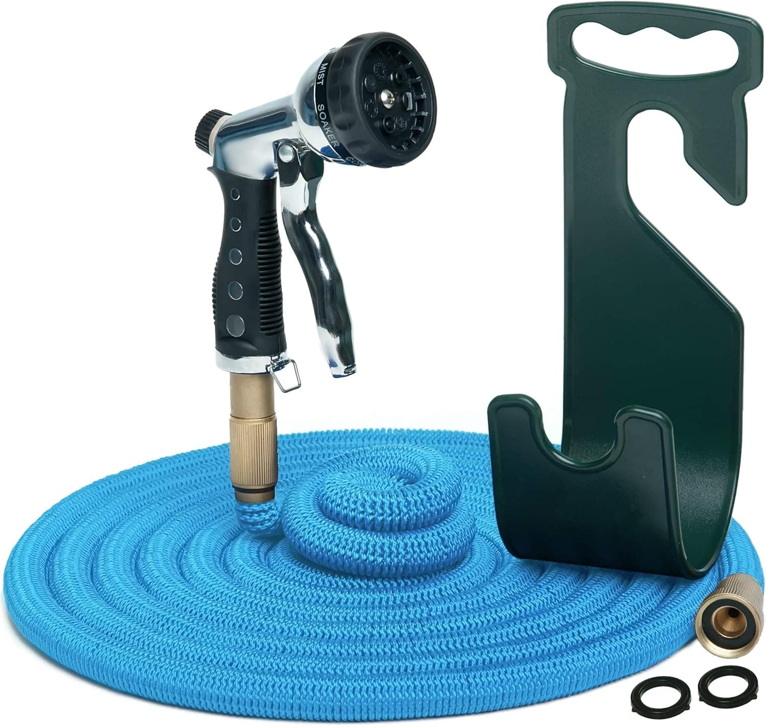 Vela Water Hose – Large Expandable Garden Hose - Hose Holder and High Pressure Washer Hose Spray Nozzle with 7 Settings – Solid Brass Fittings - Heavy Duty Outdoor Kink Free Flex Hose (Blue 150 Ft)