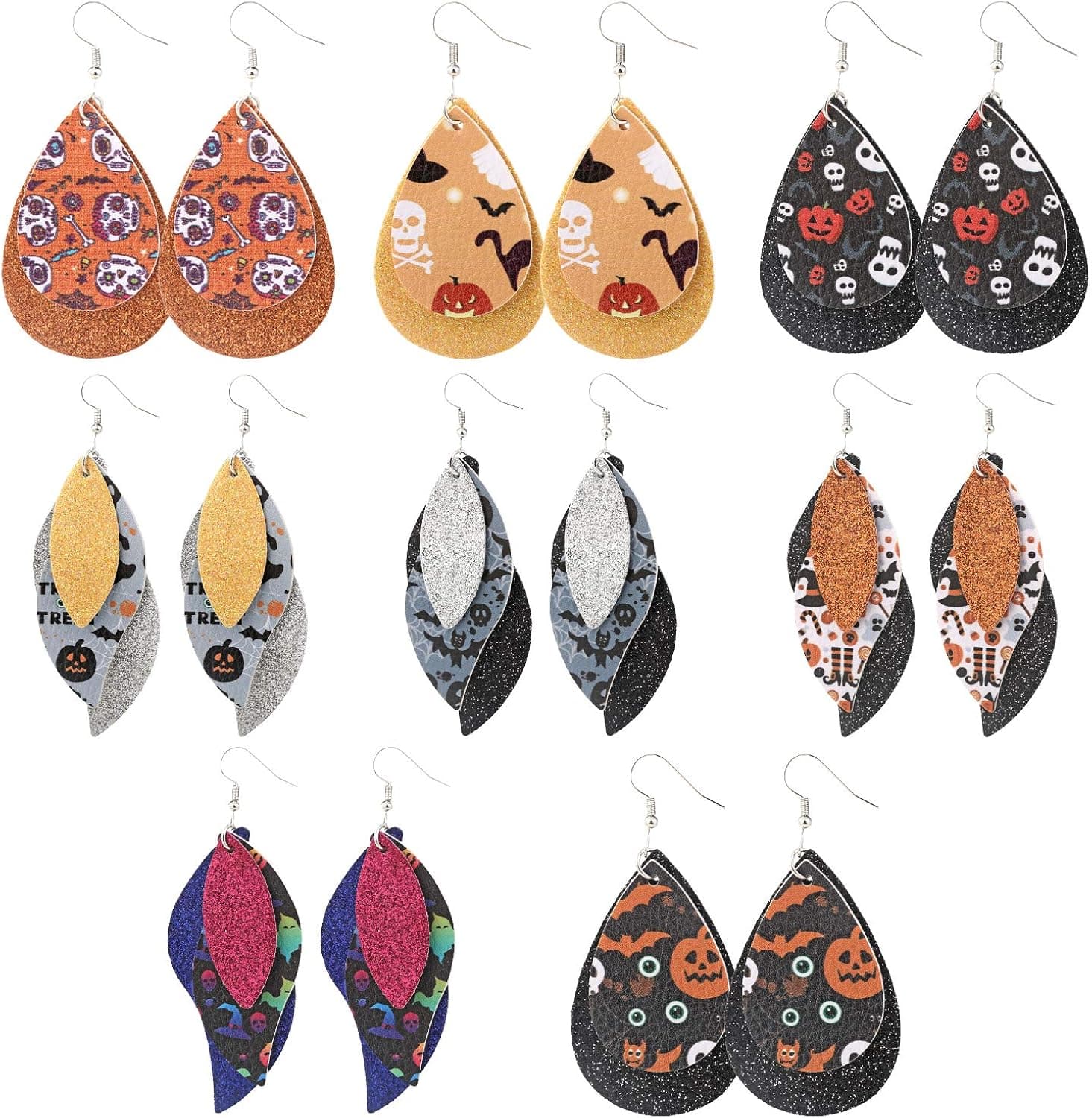 Halloween Earrings for Women Girls Halloween Leather Pumpkin Bat Ghost Drop Dangle Earrings Hypoallergenic Halloween Jewelry for Women Halloween Decoration 12 Pairs