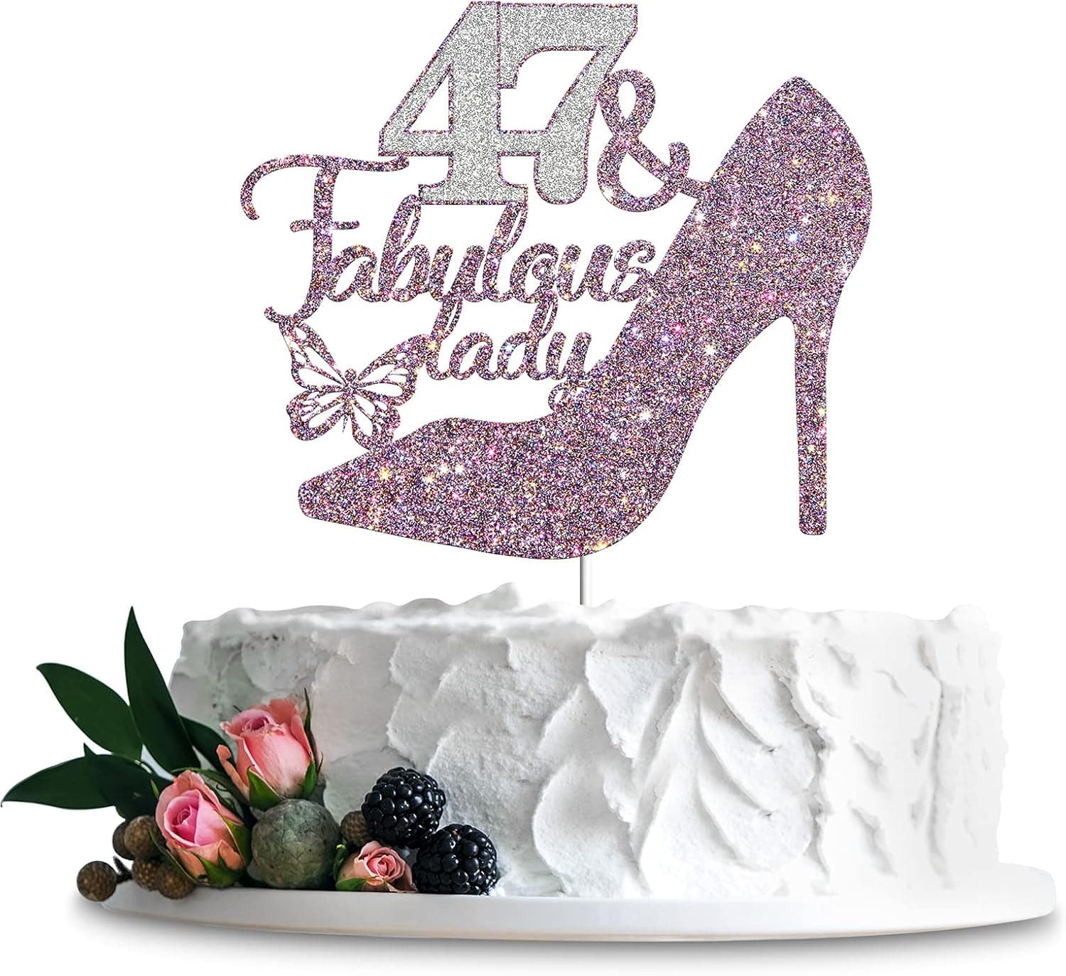 47 & Fabulous Cake Topper, Happy 47th Birthday Party Decoration Supplies Photo Booth Props, 47 & Fabulous Lady Cake Decor - Purple Glitter