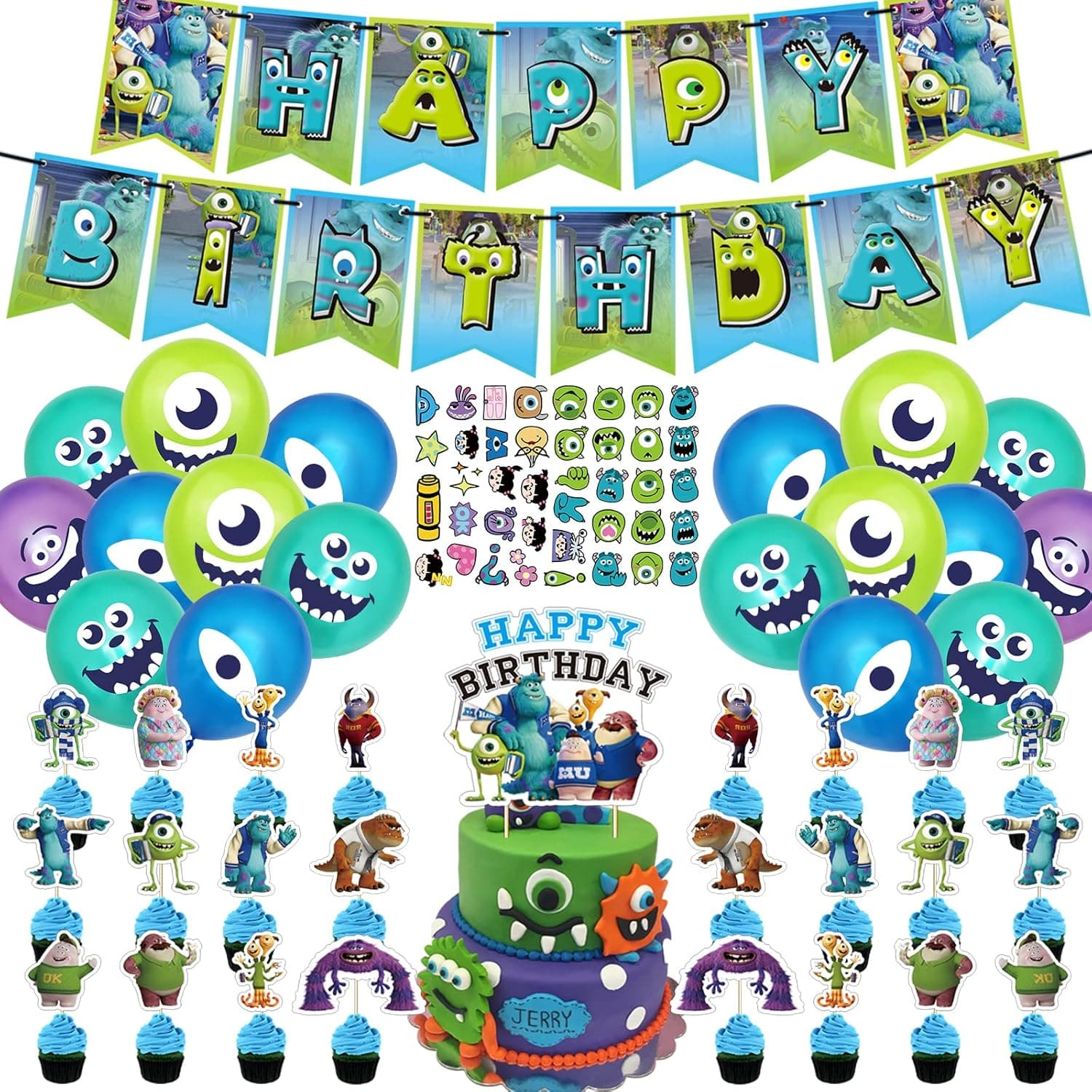 Monsters University Party Supplies, 90Pcs Monsters Birthday Party Decorations Included Birthday Banner, Cake Topper, Cupcake Toppers, Stickers, Balloons