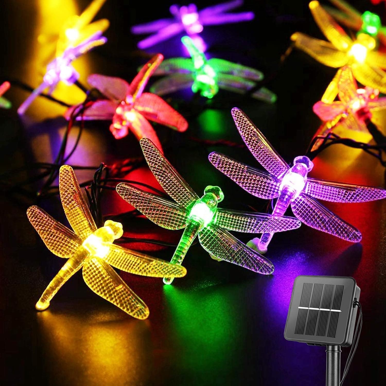 Dragonfly Solar String Lights Outdoor 20.8 Feet 30 Led Waterproof Solar Powered Fairy Lights, 8 Modes Decorative Lights for Patio Garden Yard Fence Wedding Christmas Party, Multicolor