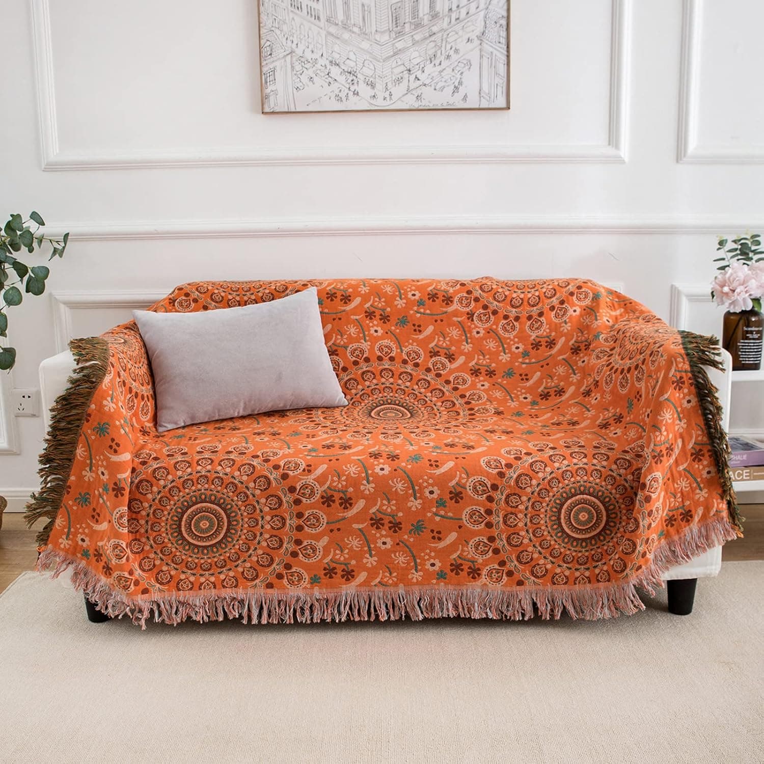 Orange Throw Blanket 100% Cotton Bohemian Blanket for Couch Bed Sofa, Reversible Soft 4 Layer Yarn-Dyed Blanket Boho Bed Decor wiz Tassel Year-Round Use, 50x60 Inch