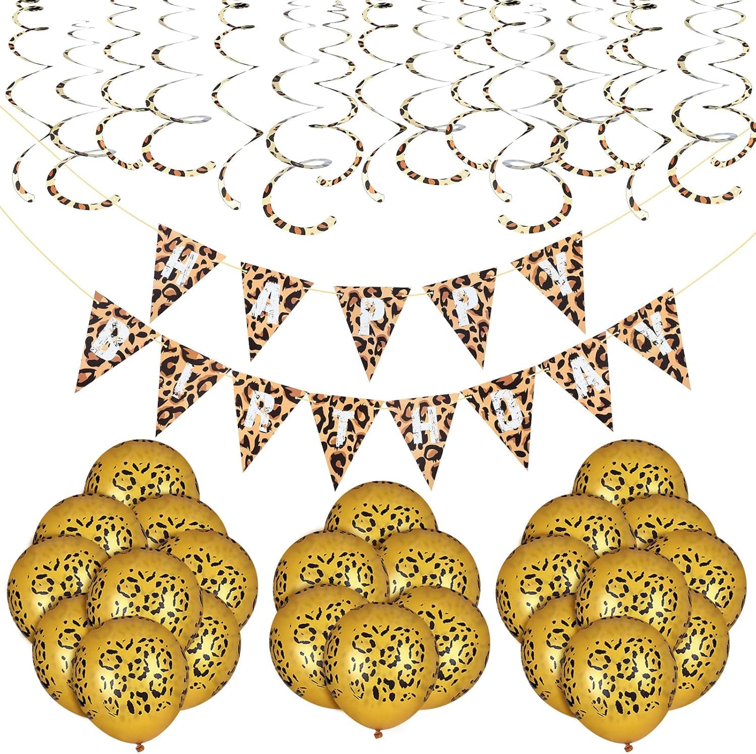 46 Pieces Leopard Happy Birthday Banner, Leopard Print Balloons Cheetah Balloons Leopard Spots Latex Balloons, Leopard Hanging Swirls for Birthday Baby Shower Jungle Safari Animal Theme Party Supplies