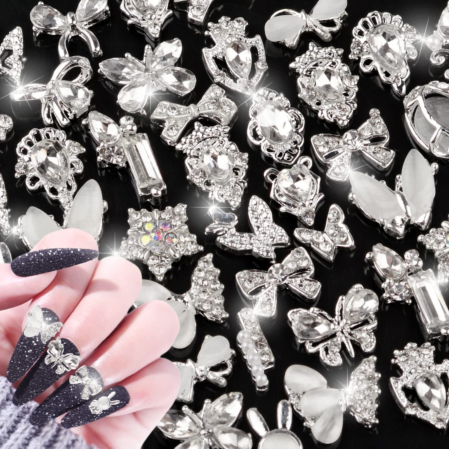 editTime 24pcs Gold and Silver 3D Luxury Metal Alloy Nail Art Rhinestones Charms Shiny Nail Crystal Diamonds Gems Manicure Nail Jewelry Studs (style1)