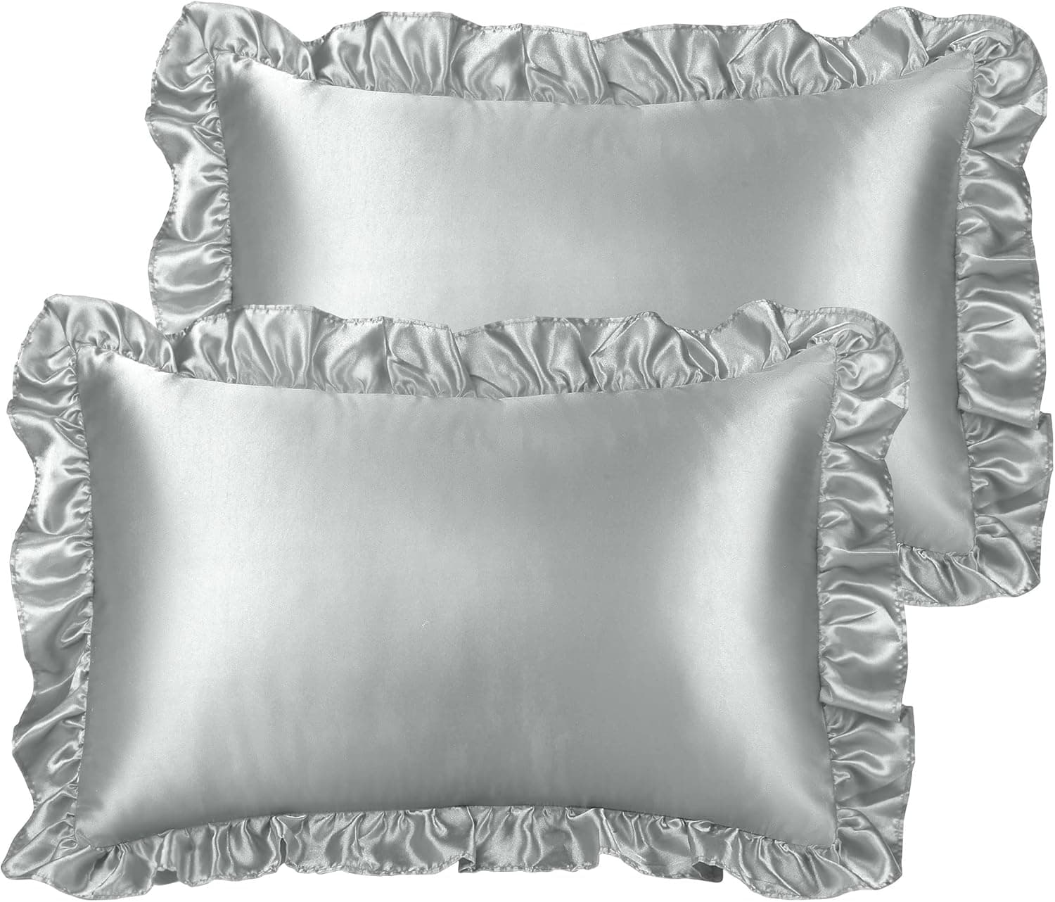PiccoCasa Luxury Ruffled Pillow Shams Set of 2, Retro Silky Pillow Cover with Ruffle, 85 GSM Satin Pillowcases with Envelope Closure King Silver Grey