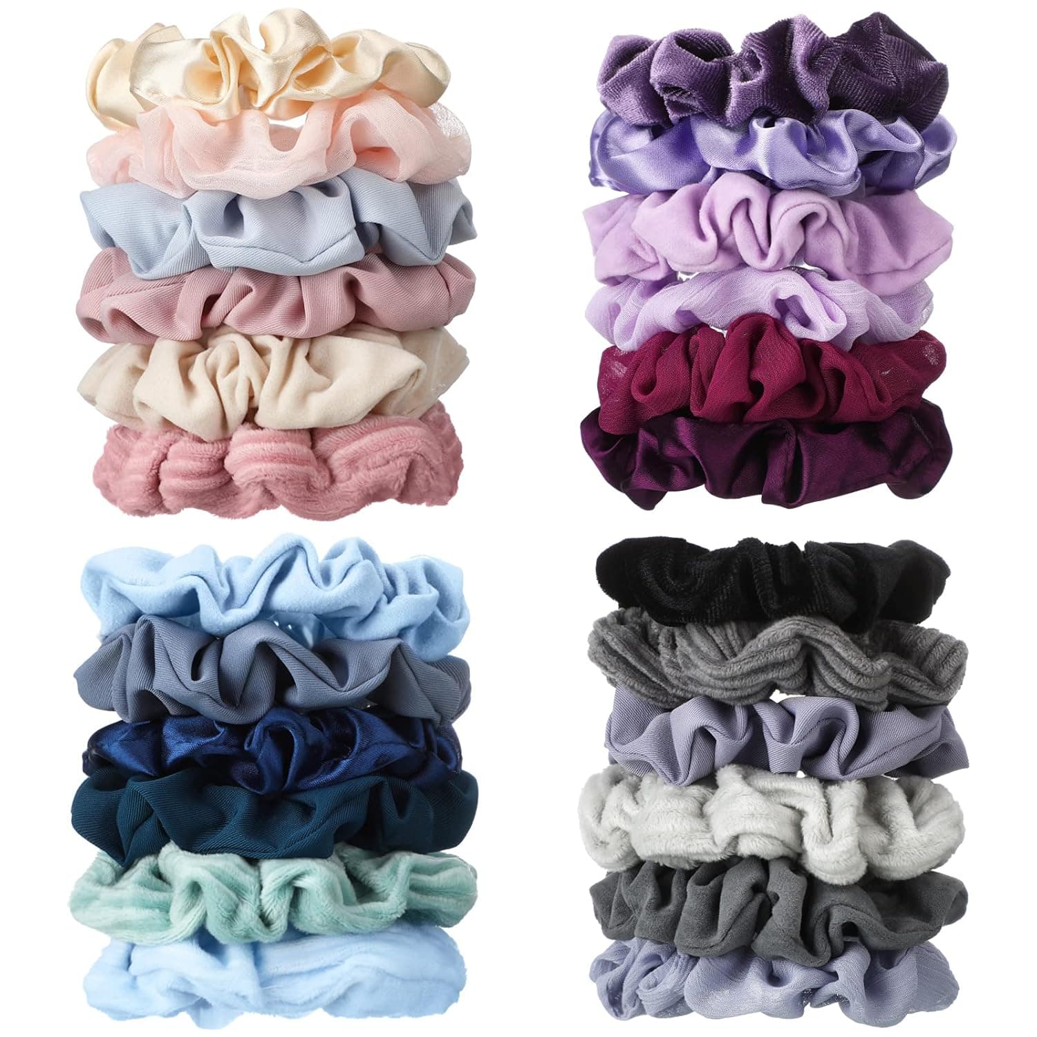 24 Pieces Women's Hair Scrunchies, Thick Elastic Hair Ties Jumbo Hair Scrunchies Large Soft Hair Ties for Women or Girls (Classic Colors, Multi Materials)
