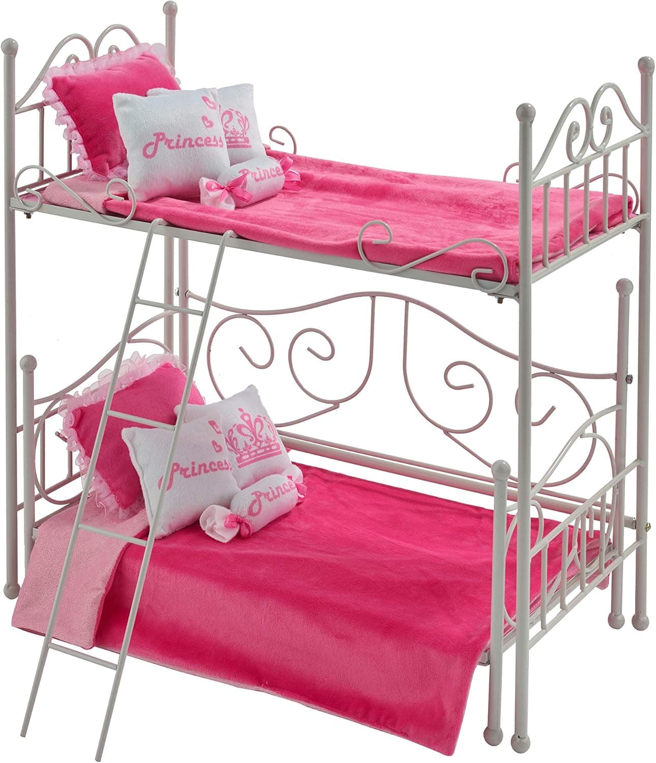Badger Basket Toy Scrollwork Metal Doll Loft Bunk Bed with Daybed and Bedding for 18 inch Dolls - White/Pink