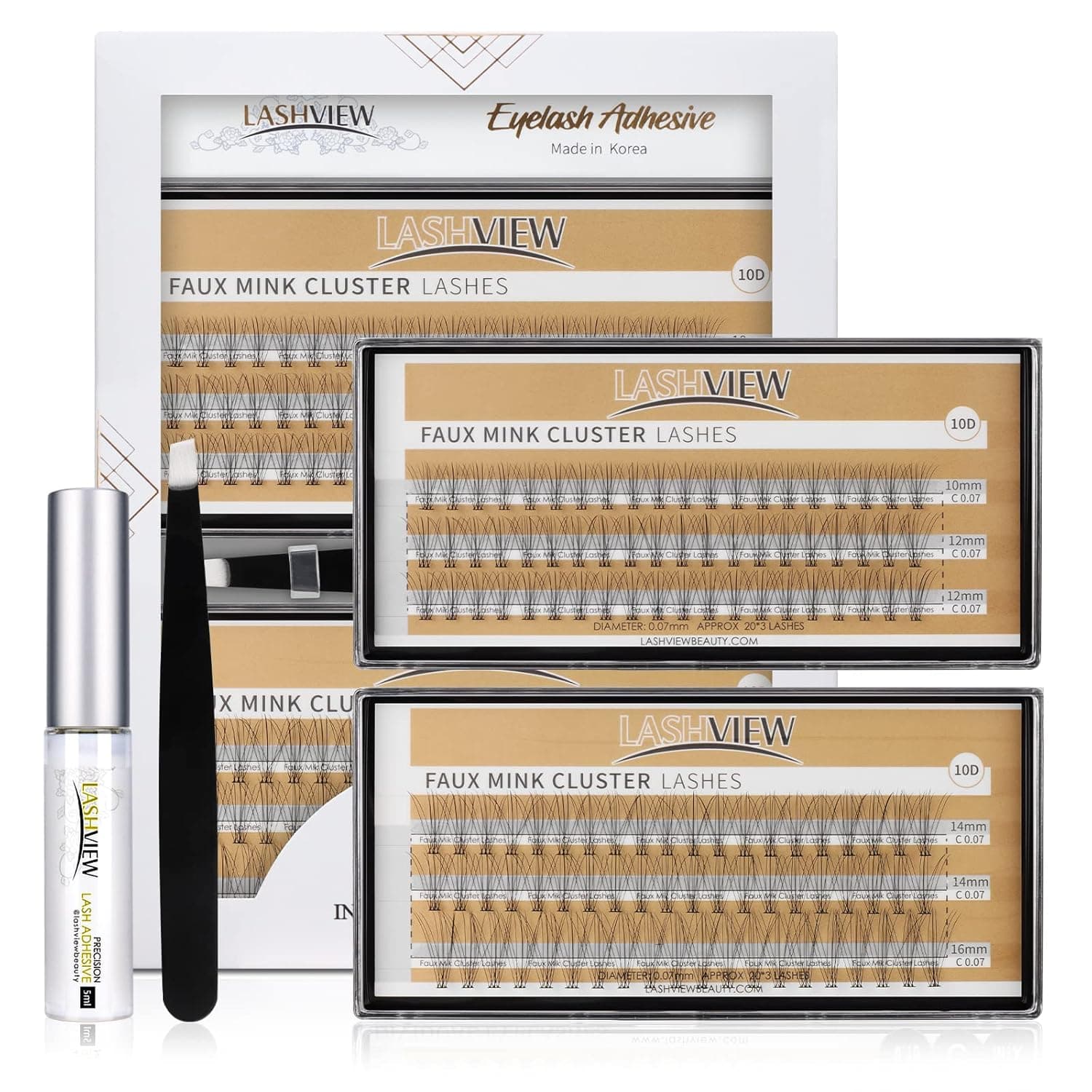 LASHVIEW DIY Eyelash Extension Kit, 0.07 10Roots 10-16mm C Curl Cluster Eyelash Extensions, Individual Lashes Kit,Individual Lashes with Glue and Tweezers