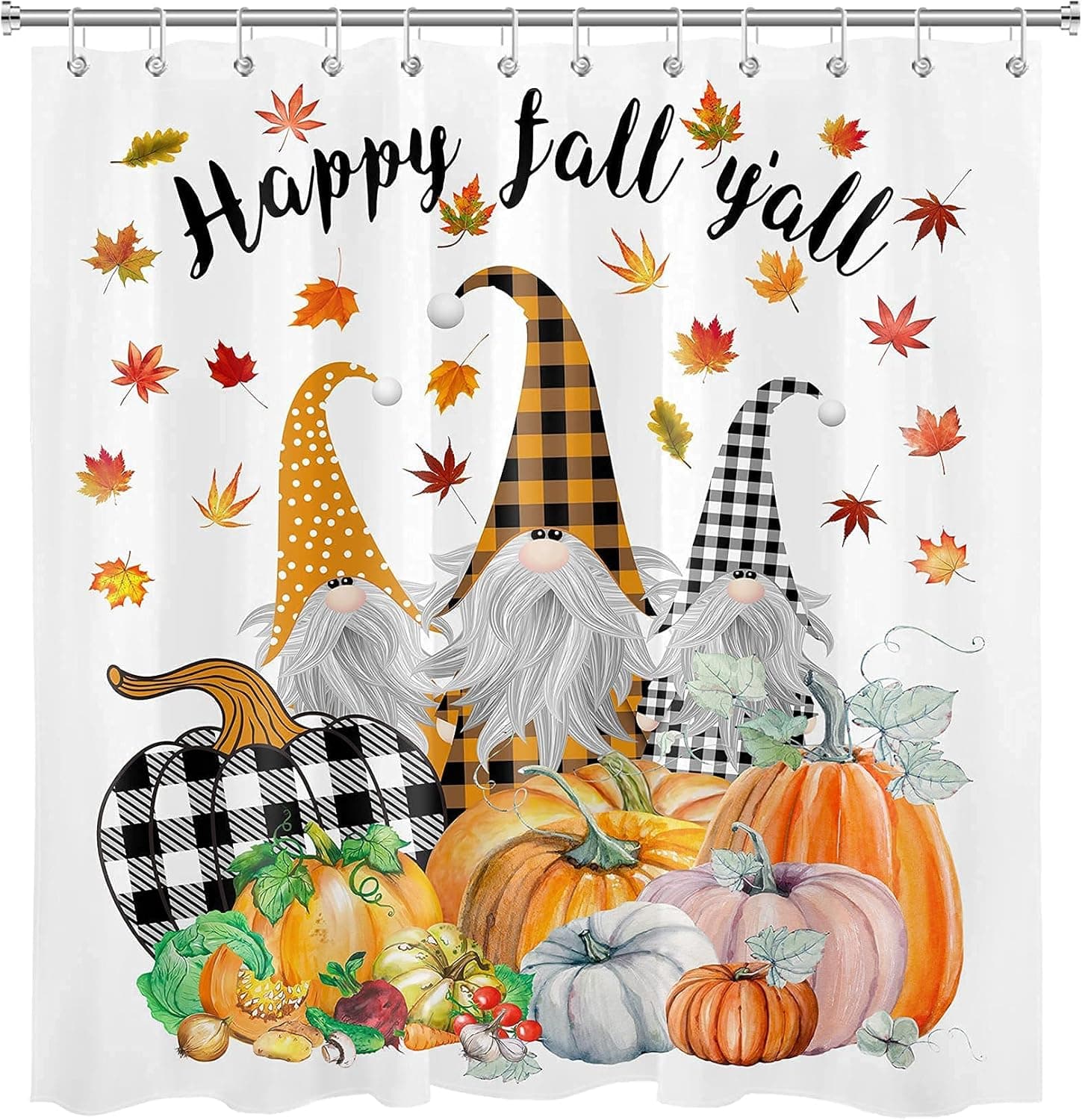 ECOTOB Autumn Fall Shower Curtain Thanksgiving Bath Curtains Accessories Check Plaid Pumpkin Shower Curtain for Bathroom Gnome Bathtub Curtains Kids Bathroom Decoration 12 Hooks 69x70 Inch