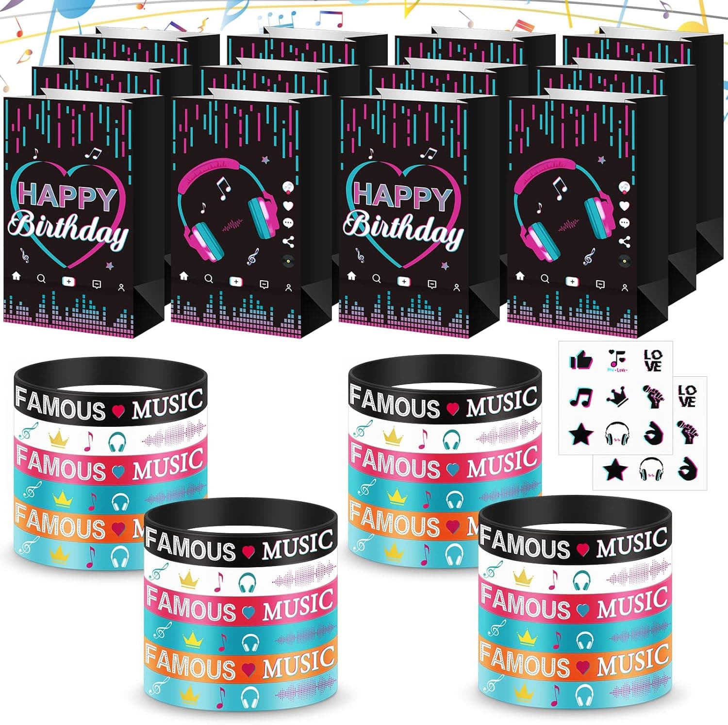 54 Pieces Music Party Favors Includes 24 Music Silicone Bracelets Wristbands and 12 Music Party Paper Bags Candy Goodie Bags with 18 Music Stickers for Teens Social Media Theme Birthday Party Favors