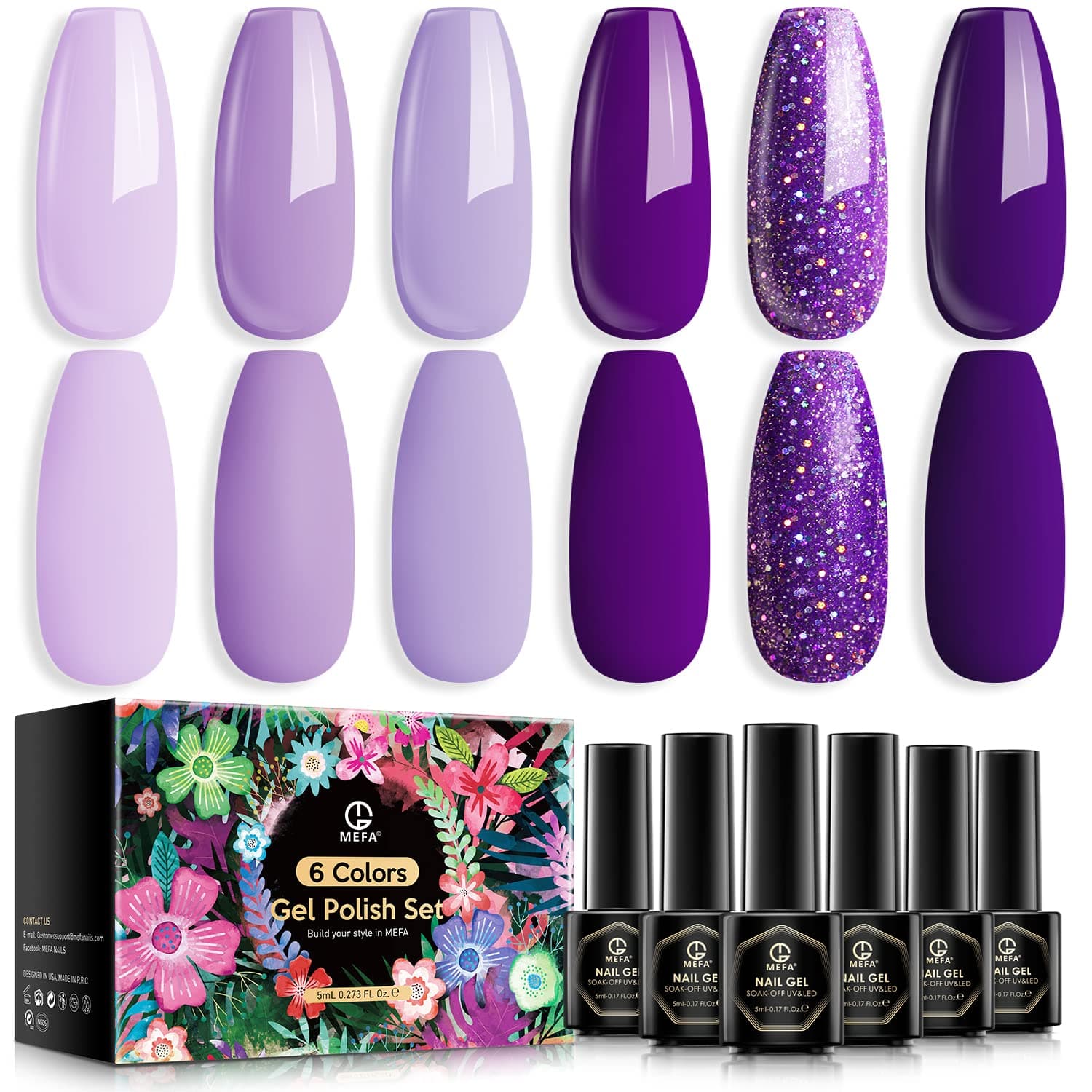 MEFA Gel Nail Polish Set - 6 Colors Glitter Purple Violet Grape Lavender Gel Polish Kit with Varnish Soak Off Nail Art Manicure Rock Collection DIY Gifts for Girlfriend Salon At Home