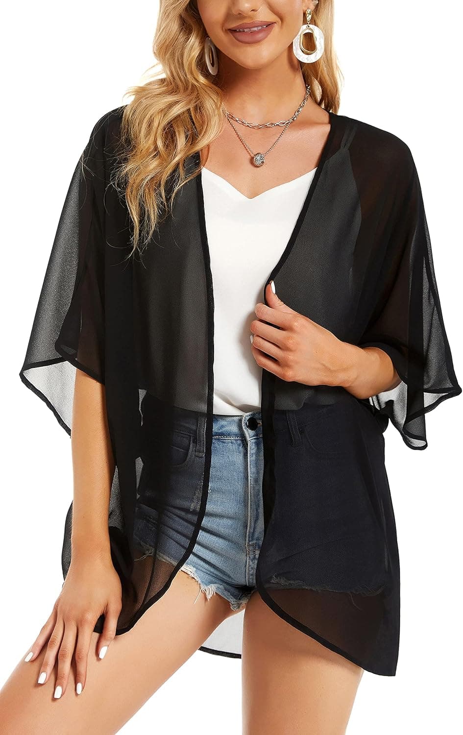 Womens Summer Kimono Cardigans Beach Shirts Casual Loose Outfit Tops (Solid Black,M)