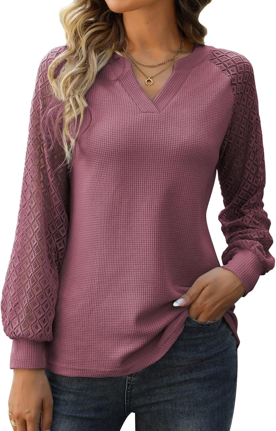 V FOR CITY Women's Long Sleeve Shirts Waffle Knit Tunic Top Casual Dressy Elegant Blouse T Shirts S-XXL
