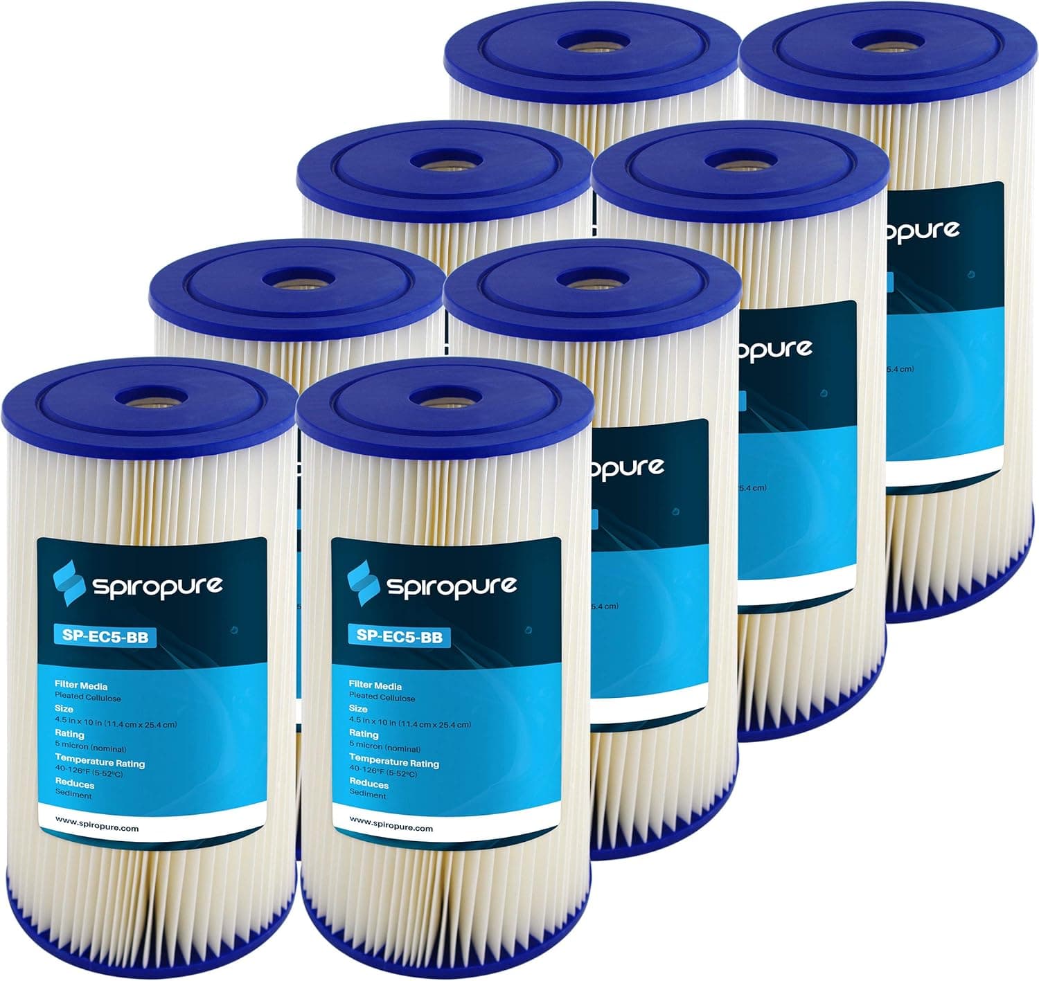 SpiroPure Replacement for ECP5-BB 255490-43 CP5-BBS 10x4.5 Pleated Cellulose 5 Micron Sediment Filter (8 Pack)