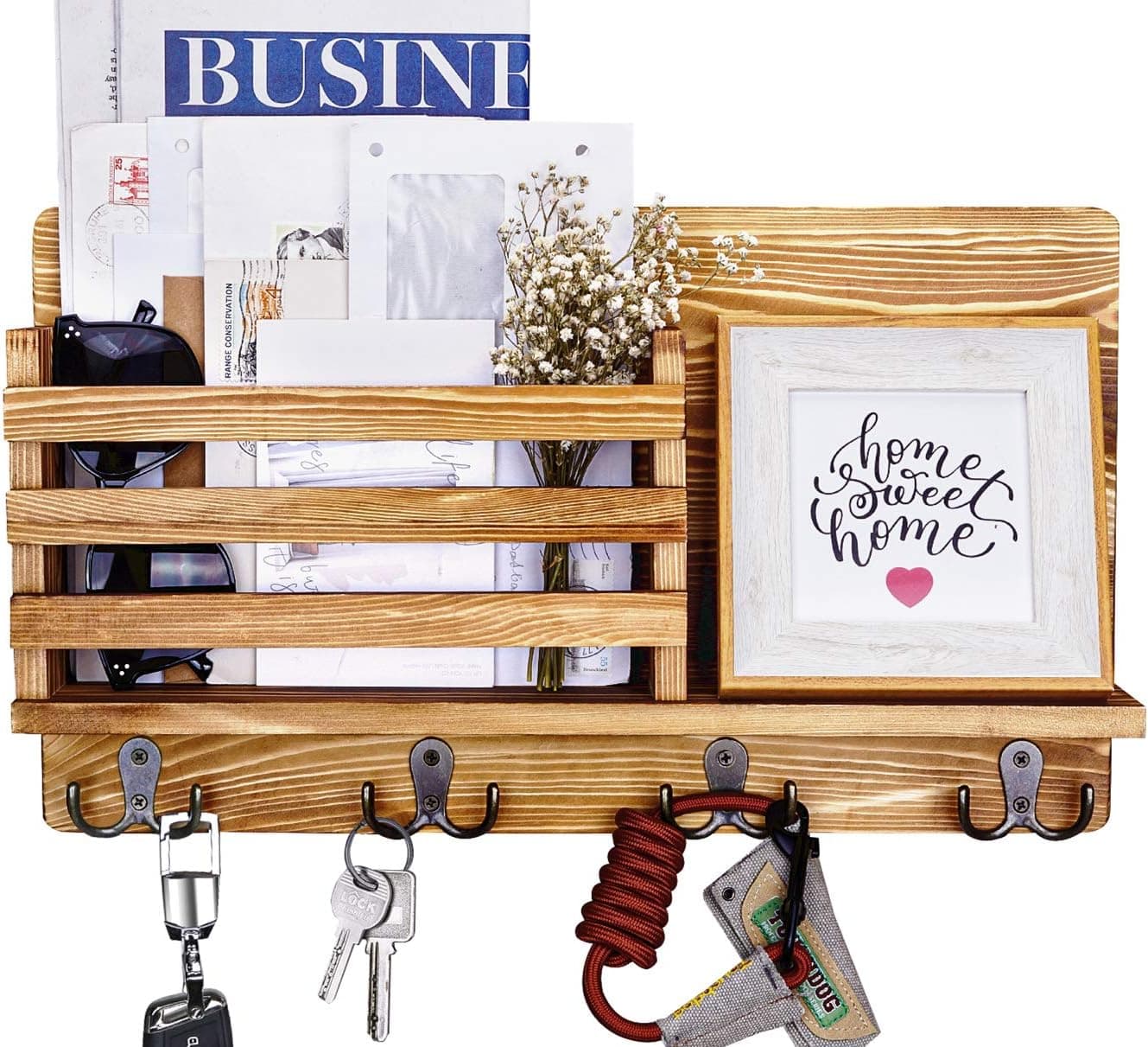 Wooden Key and Mail Holder for Wall Decorative - Mail Organizer Wall Mount, Entryway Organizer with 4 Key Rack Hooks, Rustic Hanging Decor for Entryway, Office