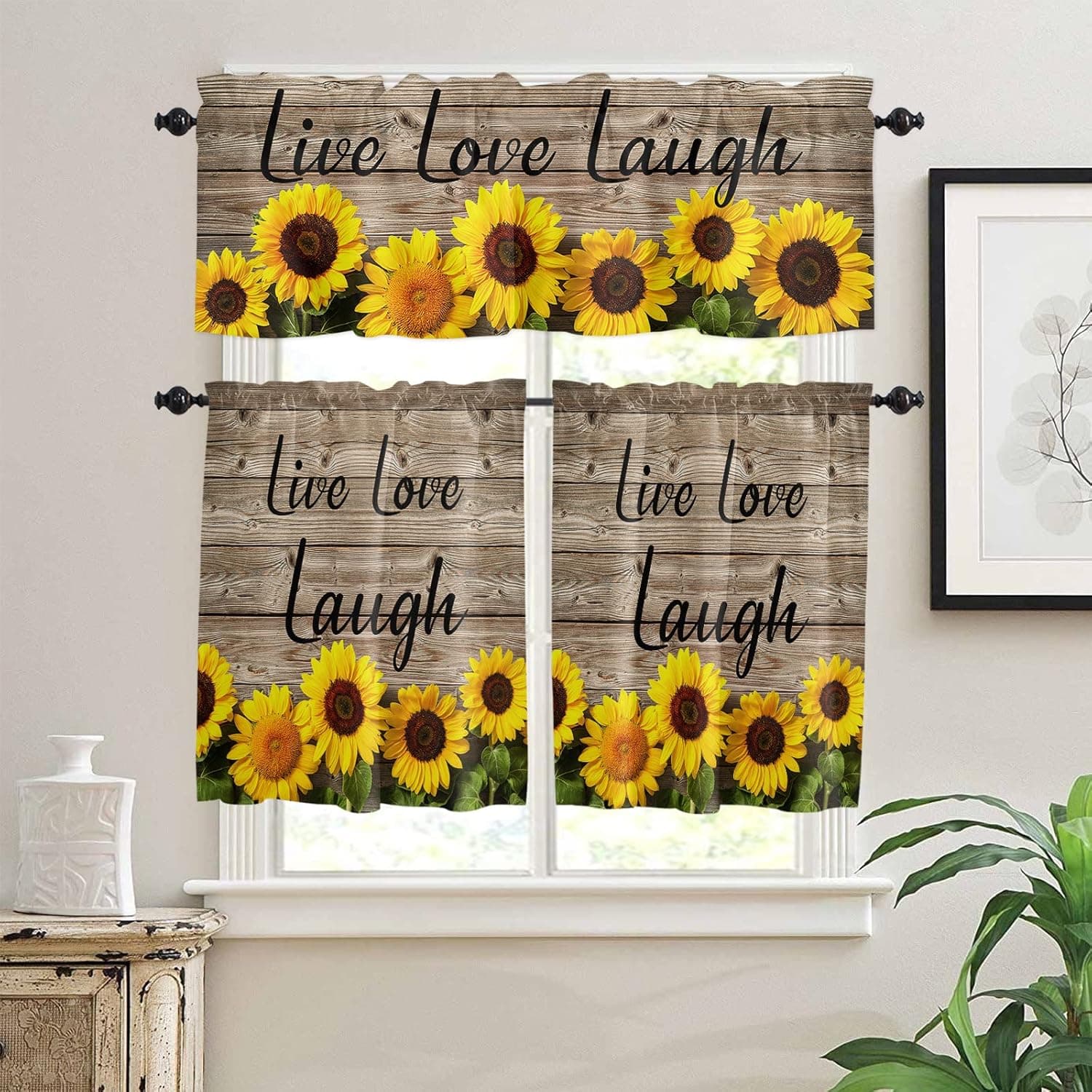 ALAGEO Sunflower Kitchen Curtain Valance and Tiers Set Farmhouse Flower Rod Pocket Kitchen Tier Valance Set 3 Piece Floral Rustic Wooden Live Love Laugh Window Curtain Valance Tier Set 54 in x 24 in