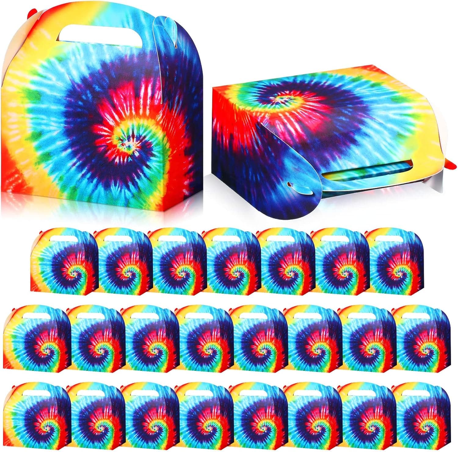 25 Pieces Tie Dye Party Gift Treat Boxes for Kids Birthday, Candy Goodie Favor Boxes Retro Colorful Paper Gable Boxes for Tie Dye Birthday Party Supplies Decoration