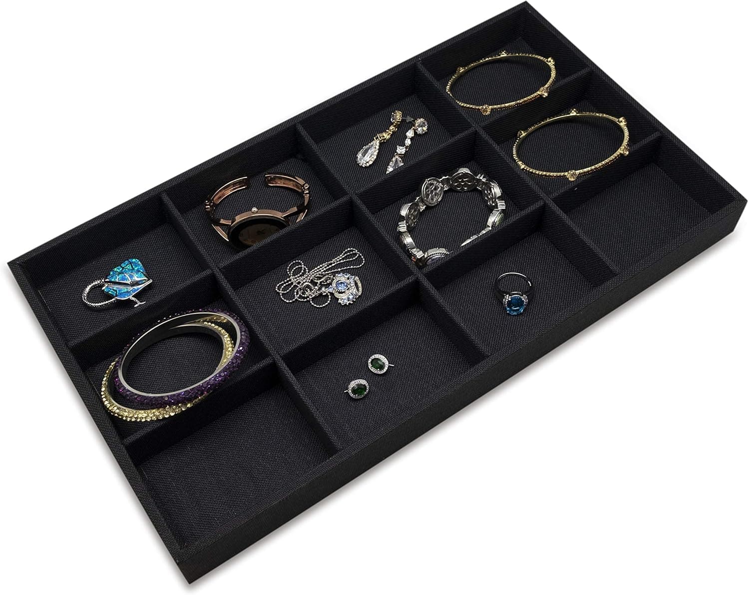 TheDisplayGuys 12-Compartments Jewelry Organizer Stackable Tray for Drawers or Show Display (Black Linen Burlap)
