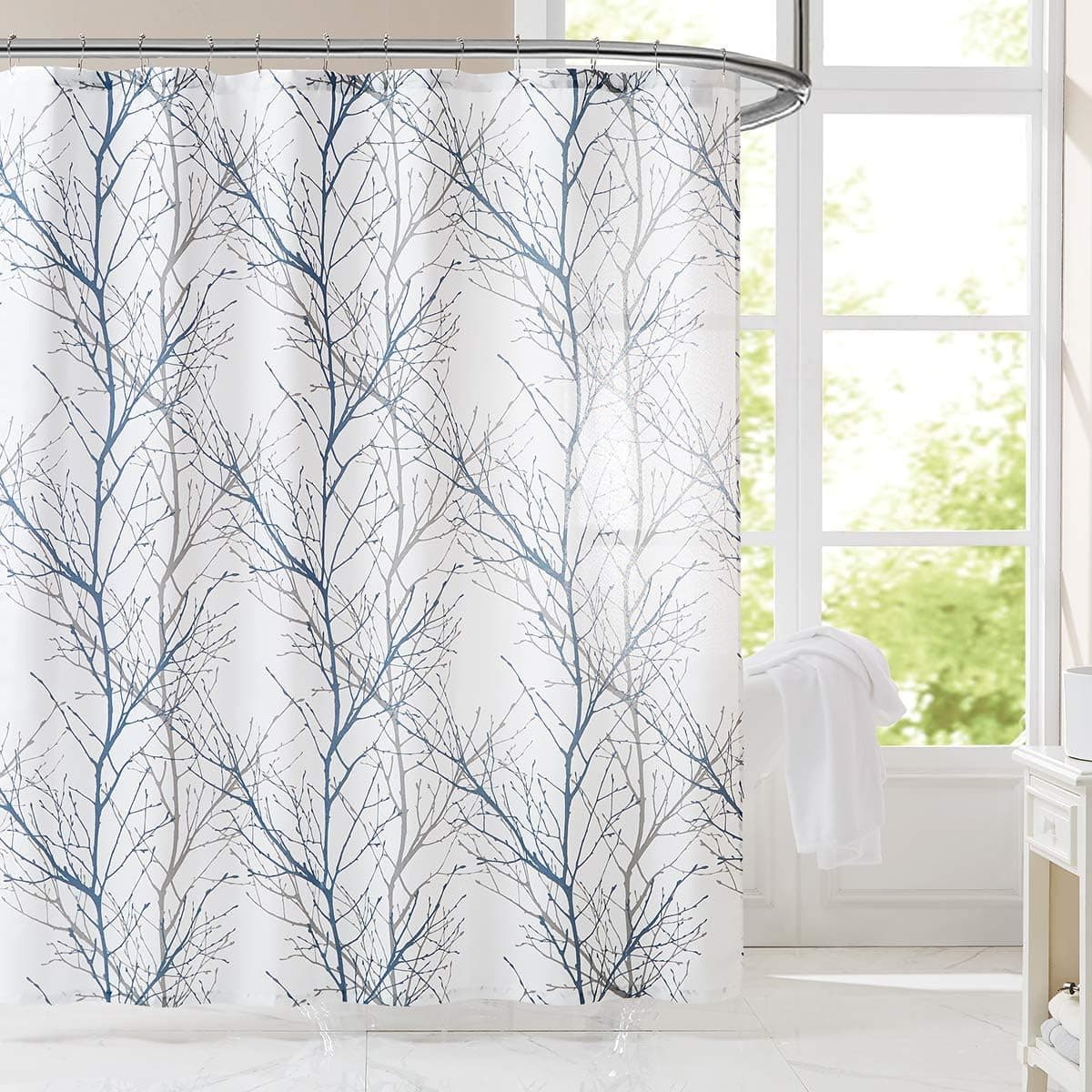 FMFUNCTEX White Blue Shower Curtain for Bathroom 72" x 72" Water Resistant Tree Branch Print Fabric Shower Curtain for Bathtub 1 Panel