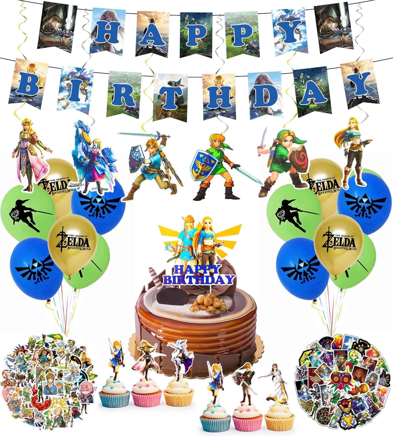 150PCS Zeldatheme Birthday Party Supplies Legend Game Favors With 25PCS Cake Toppers, 1PCS Birthday Banner, 18PCS Latex Balloons, 6PCS Hanging Decors, 100PCS Stickers