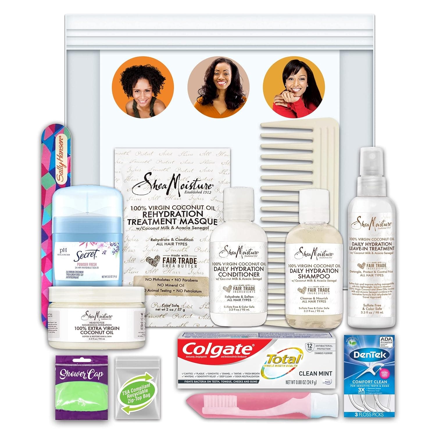 Convenience Kits International Women's Multicultural 14 PC Grooming/Hygiene Travel Kit Featuring: Travel-Size Hair & Body 100% Virgin Coconut Oil Ensemble of Products, Clear, (215)